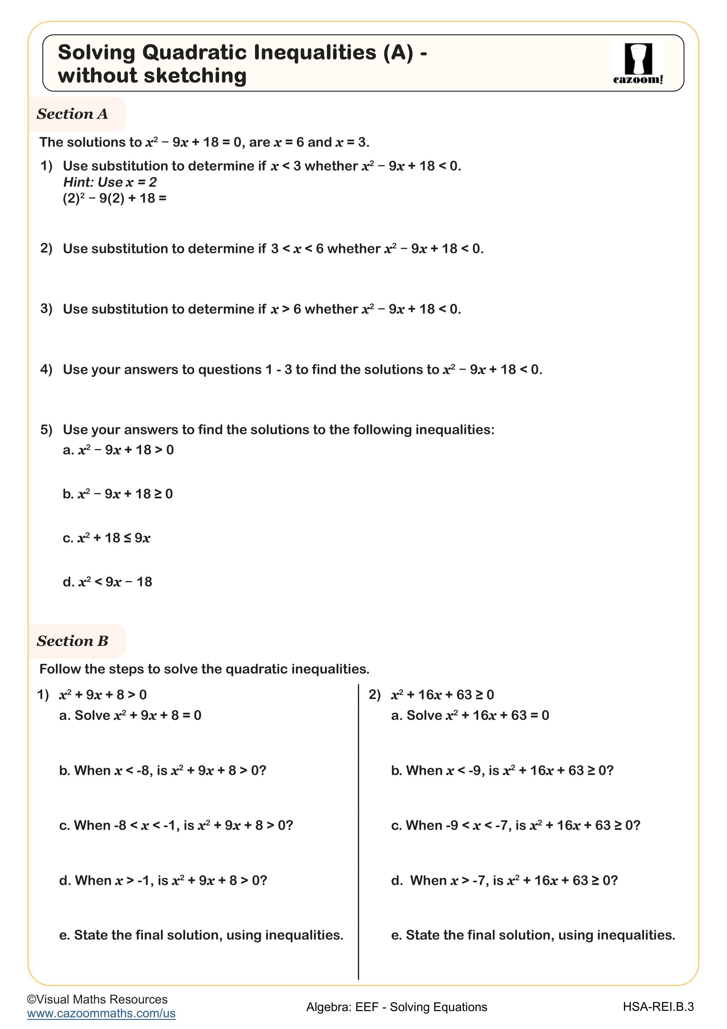 Solving Quadratic Inequalities (A) - Without Sketching Worksheet suitable for Algebra II and Integrated Math II students