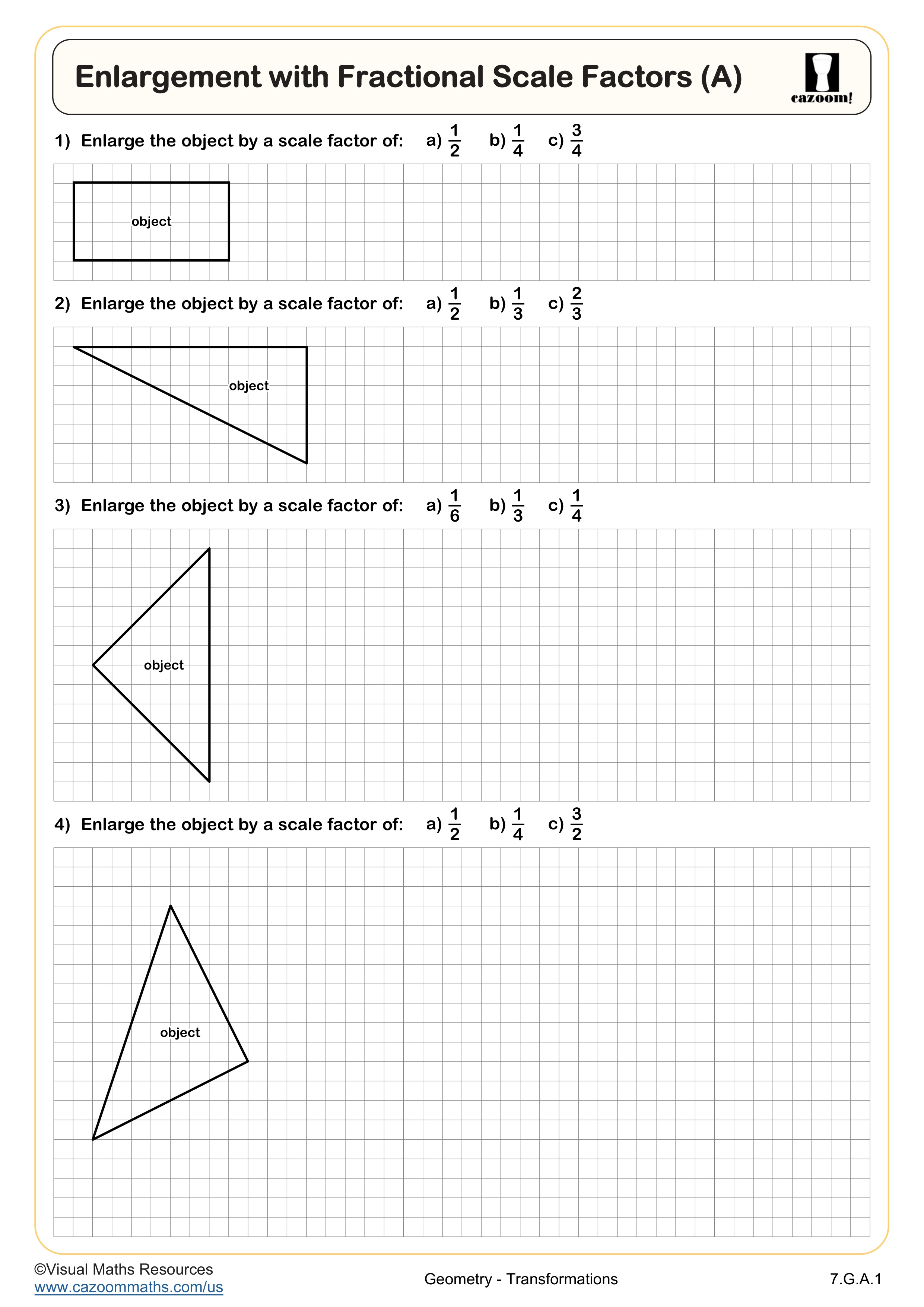 Enlargement with Fractional Scale Factors (A) Worksheet suitable for 7th Grade students