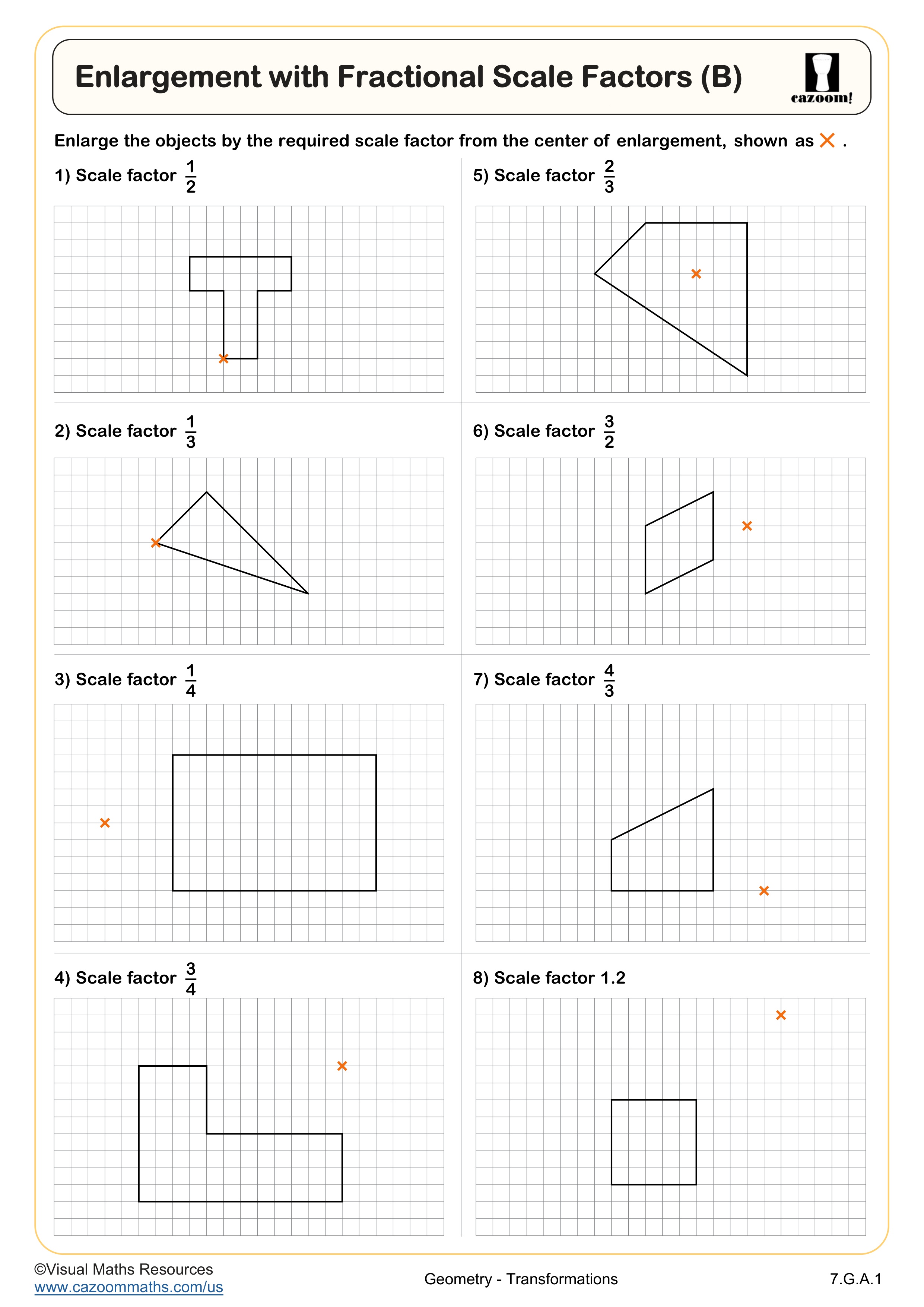 Enlargement with Fractional Scale Factors (B) Worksheet suitable for 7th Grade students