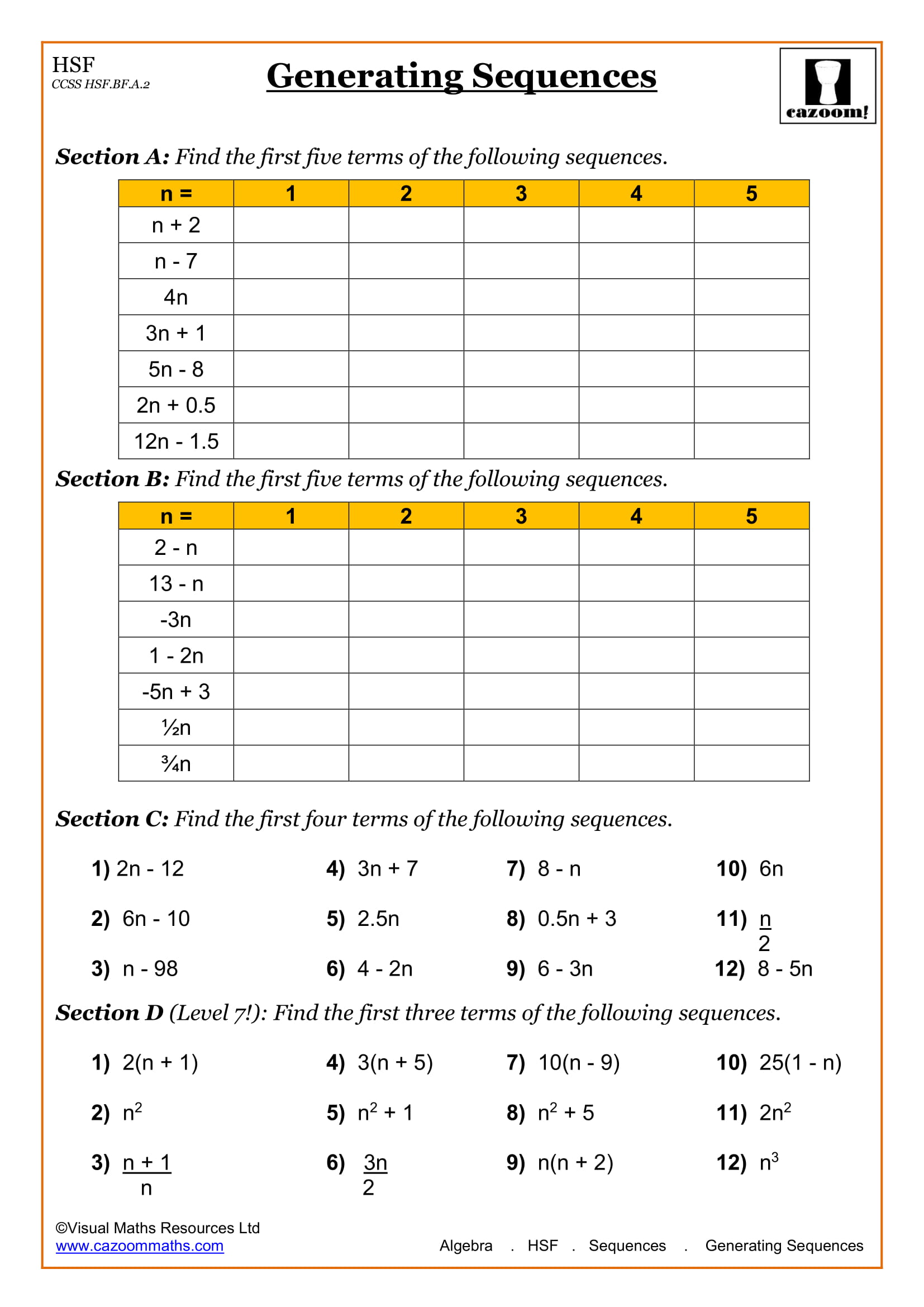 High School Sequences Worksheets