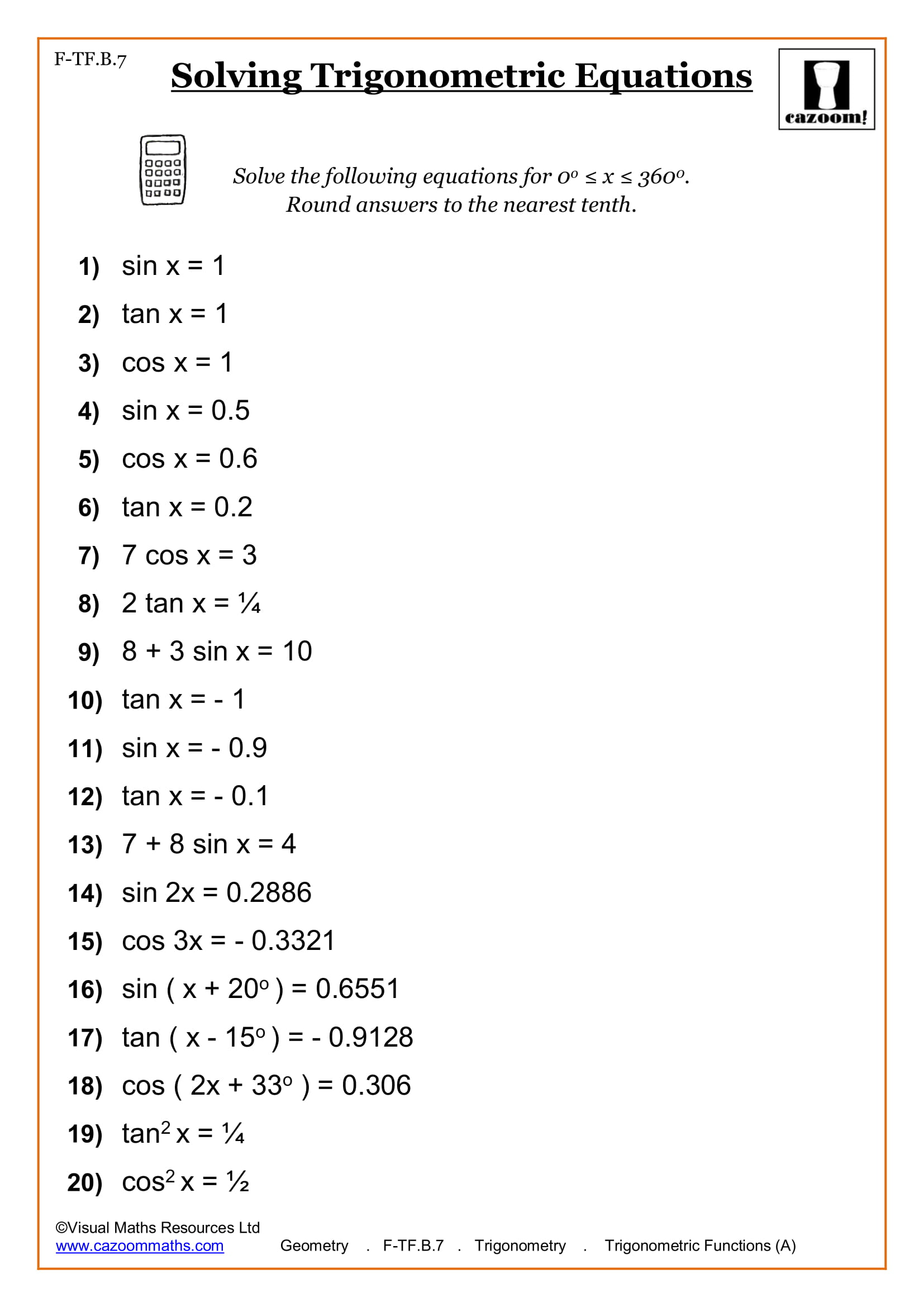 High School Trigonometry Worksheets