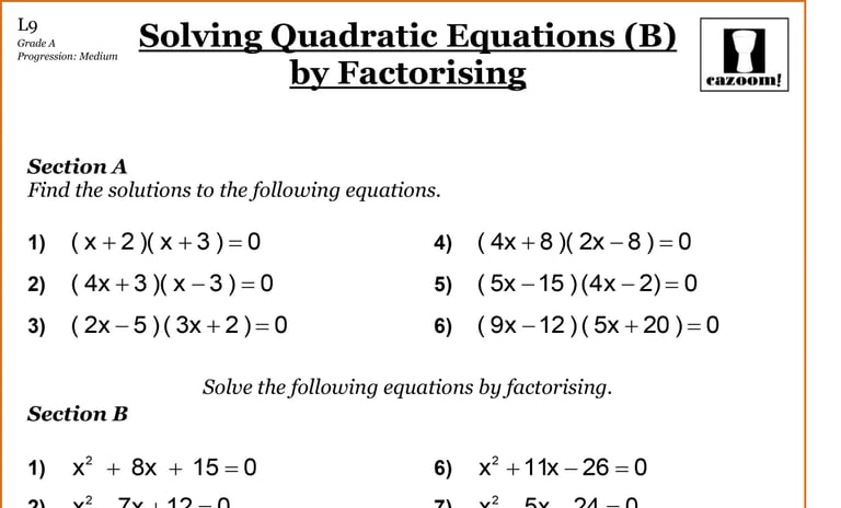 revision exam math Cazoom Solving Factorising Maths  Quadratic  Equations by