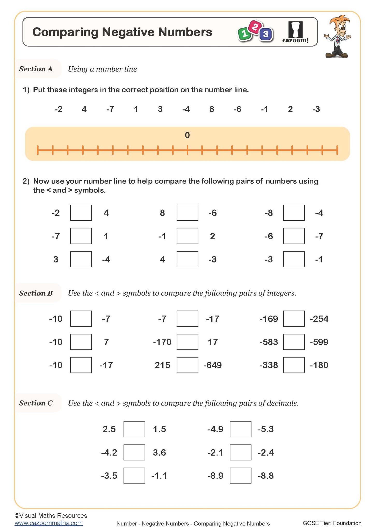 Comparing Negative Numbers Worksheet Printable Maths Worksheets