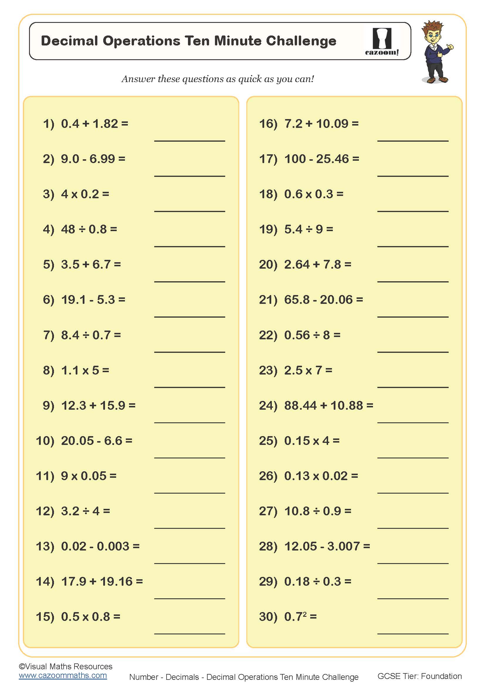 Preview of Decimal Operations Ten Minute Challenge