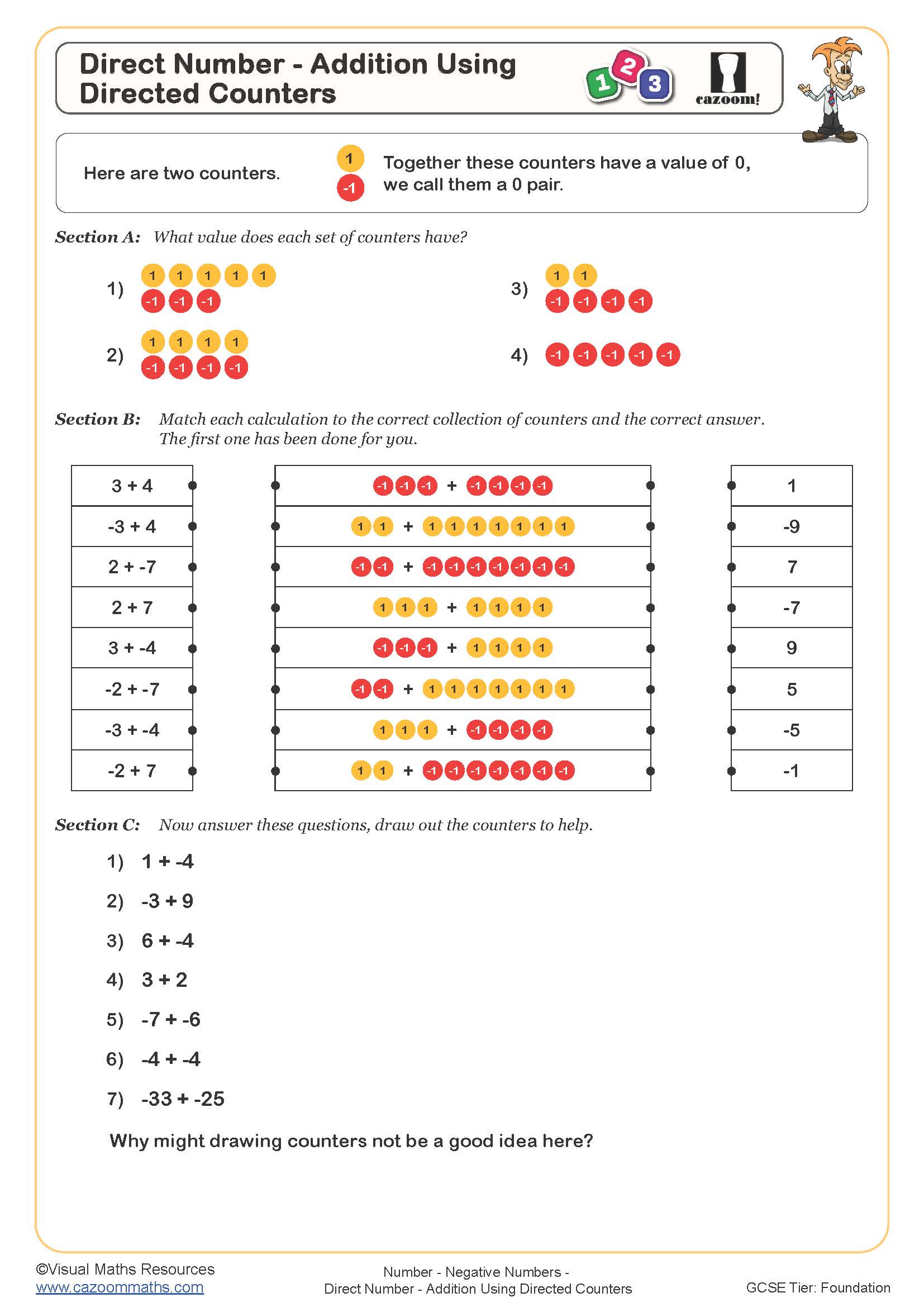 Direct Number Addition Using Directed Counters Worksheet