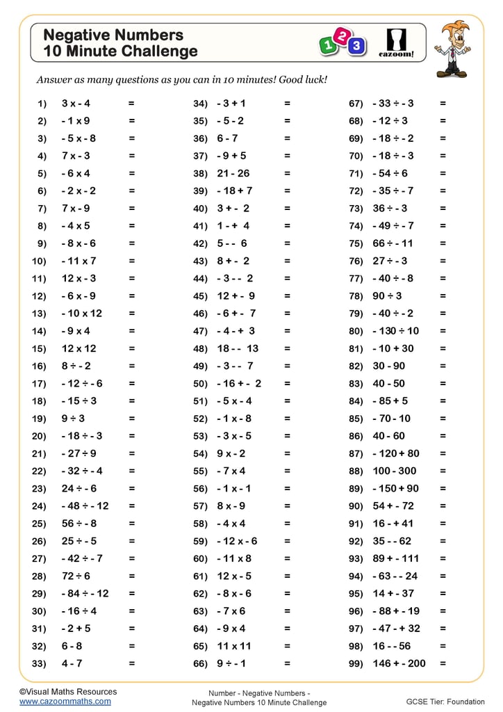 Negative Number Multiplication and Division Worksheet | Cazoom Maths ...