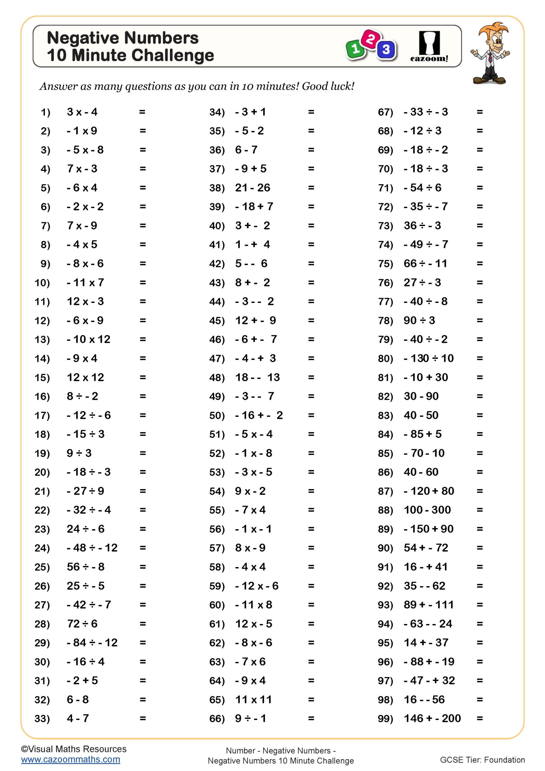 Preview of Negative Numbers 10 Minute Challenge