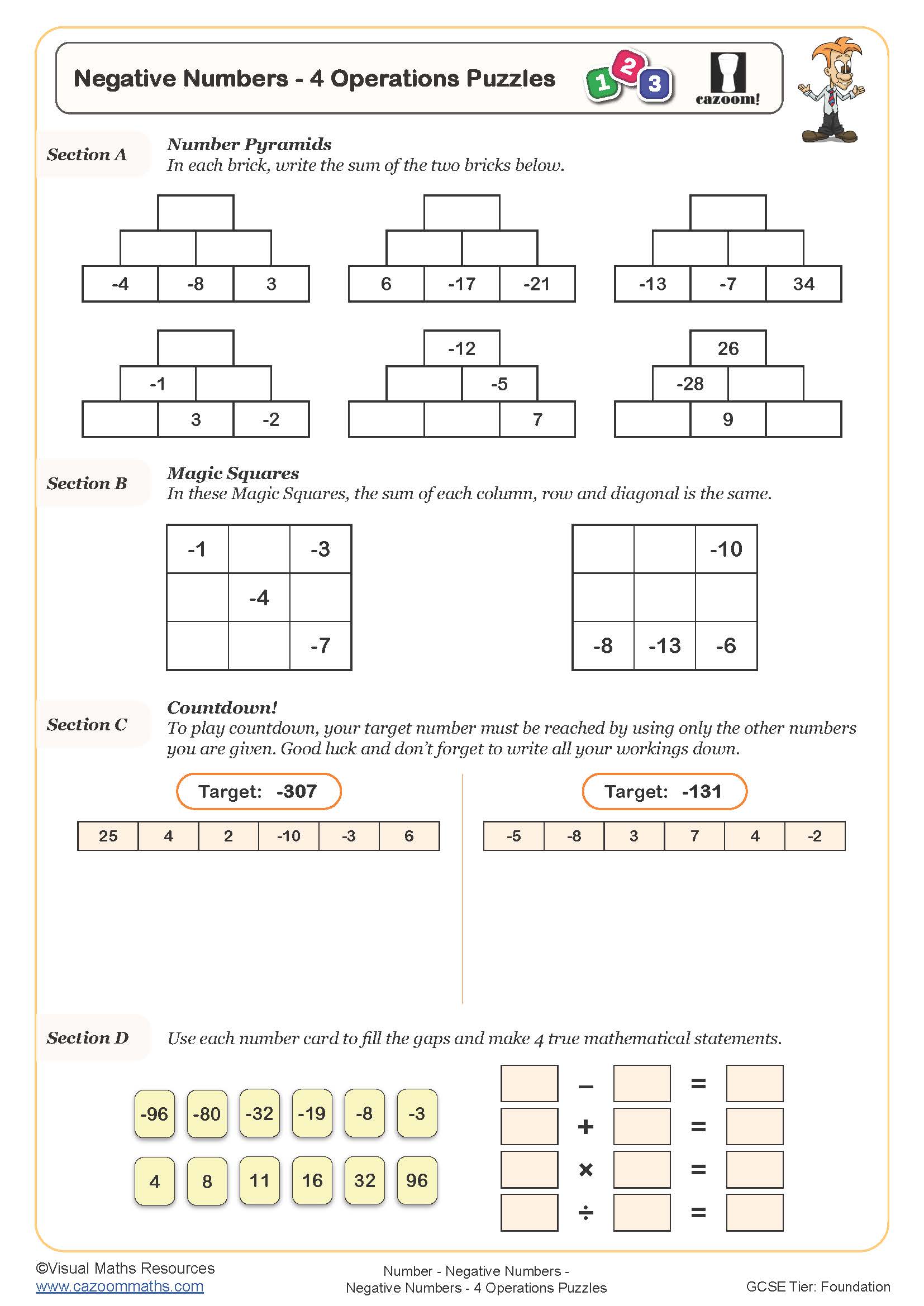 Negative Numbers 4 Operations Puzzles Worksheet