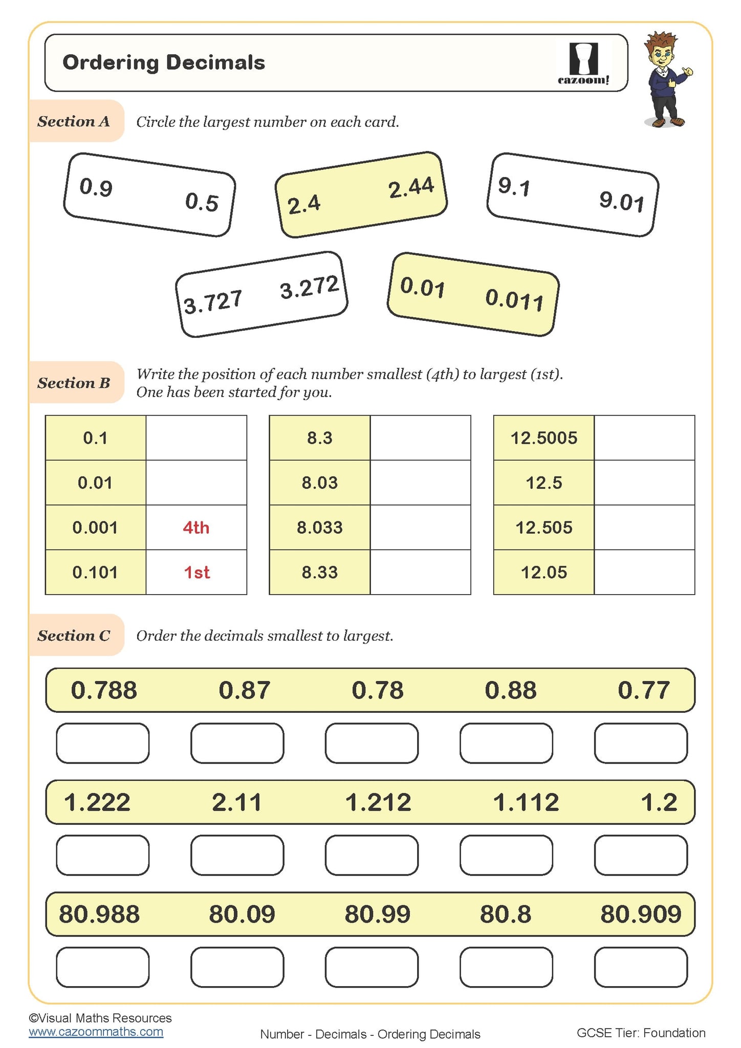 Ordering Decimals Worksheet | Printable PDF Ordering Decimals Worksheet image.