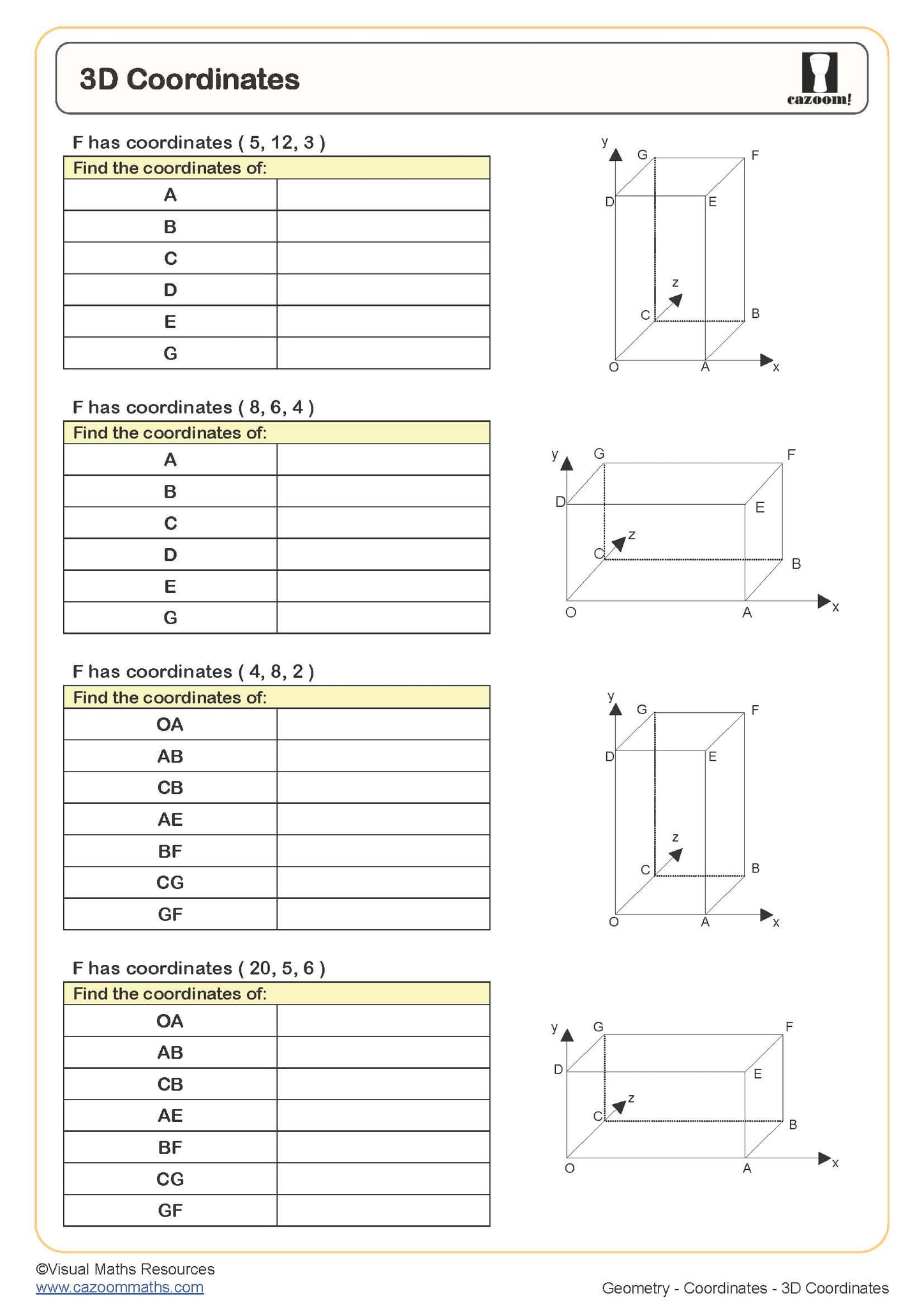 3D Coordinates Worksheet Cazoom Maths Worksheets