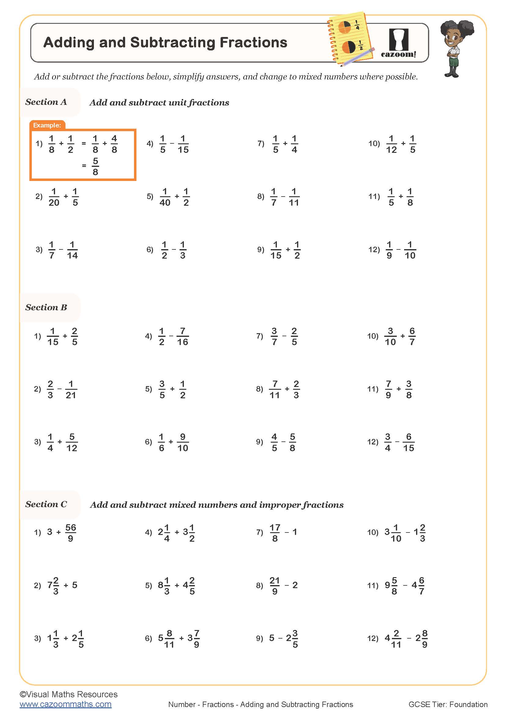Adding and Subtracting Fractions worksheet created for students in year 8 and 9