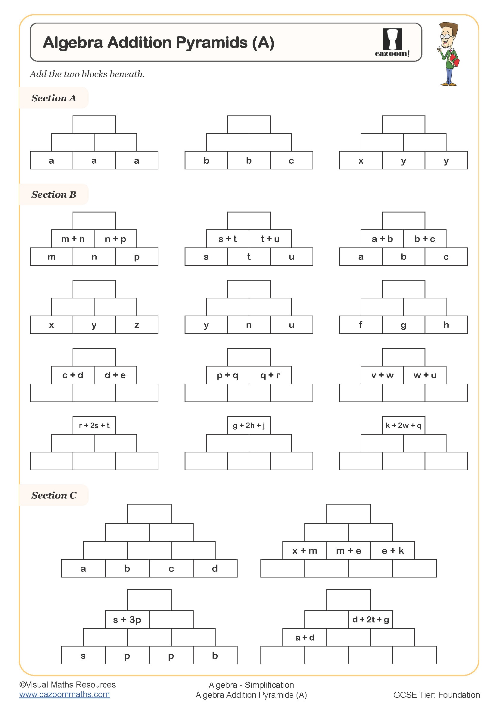 Preview of Algebra Addition Pyramids (A)