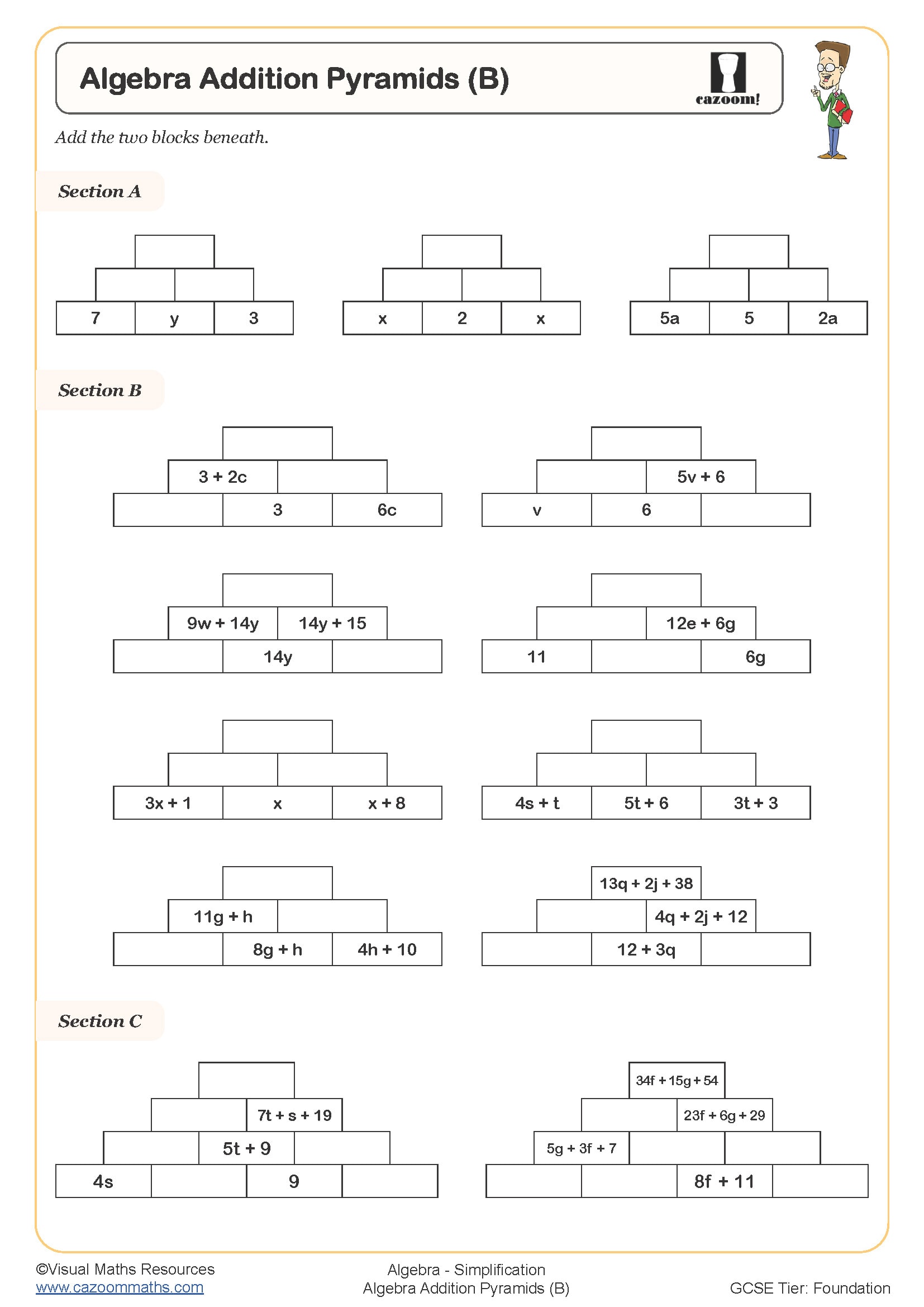 Preview of Algebra Addition Pyramids (B)