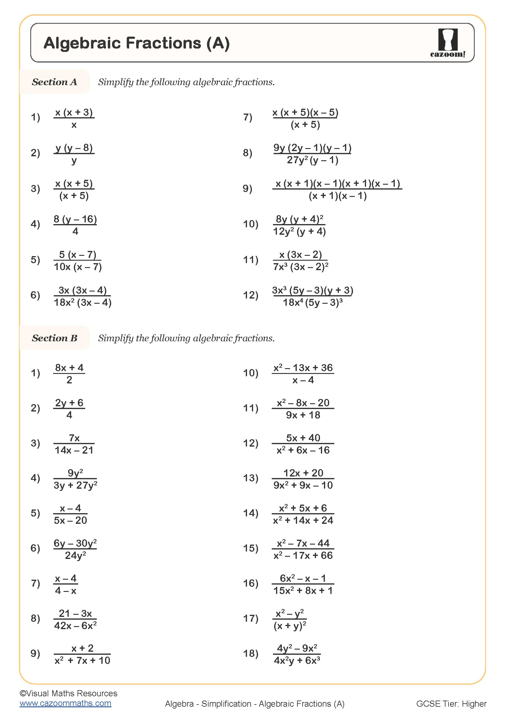 Preview of Algebraic Fractions (A)
