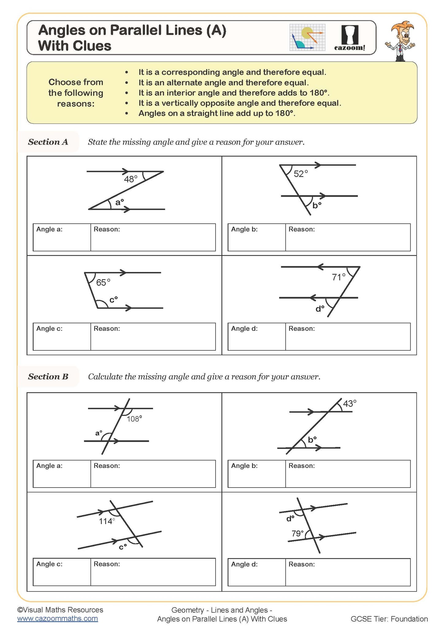 Angles On Parallel Lines A With Clues Worksheet Cazoom Maths