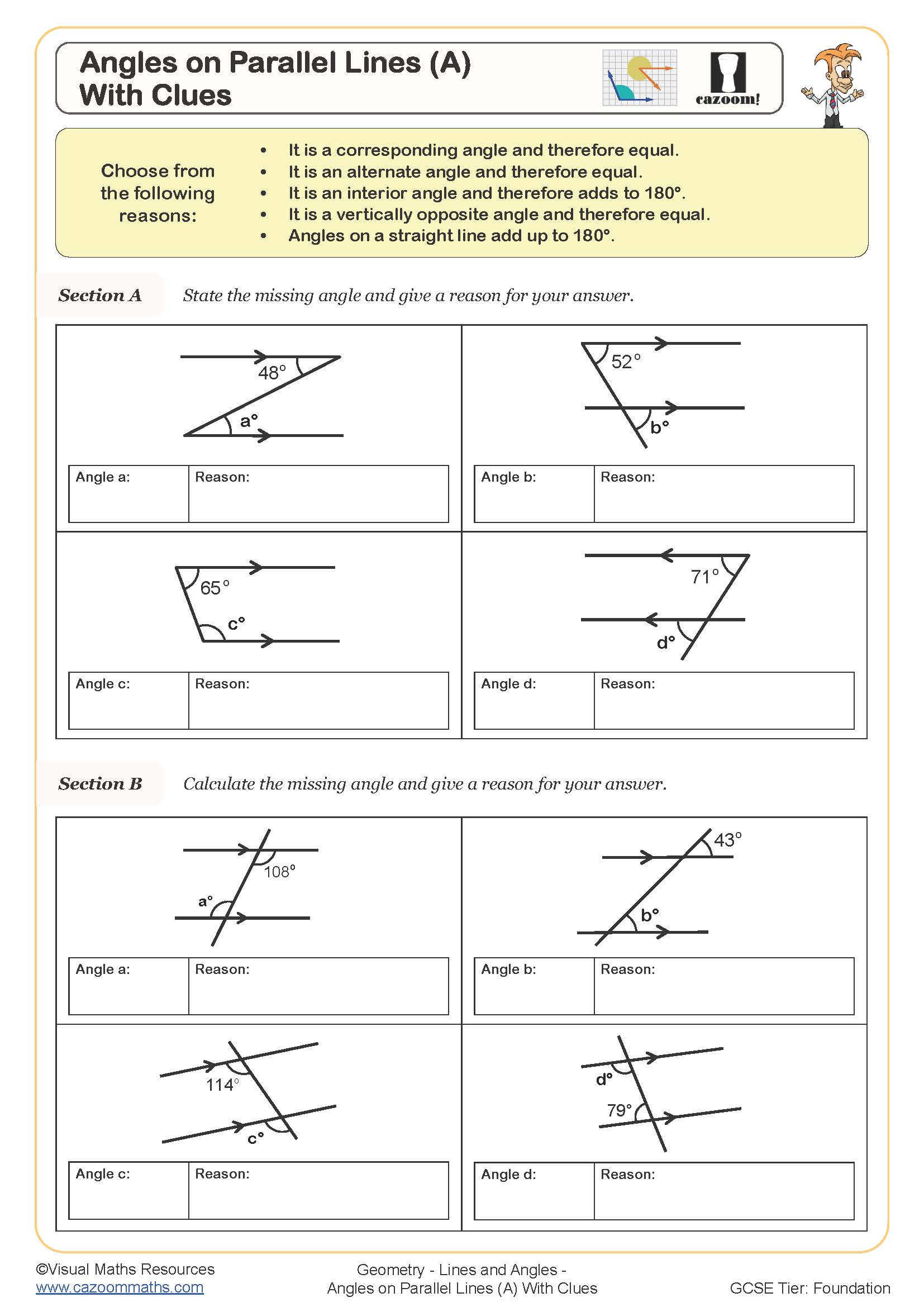 Preview of Angles on Parallel Lines (A) (With Clues)