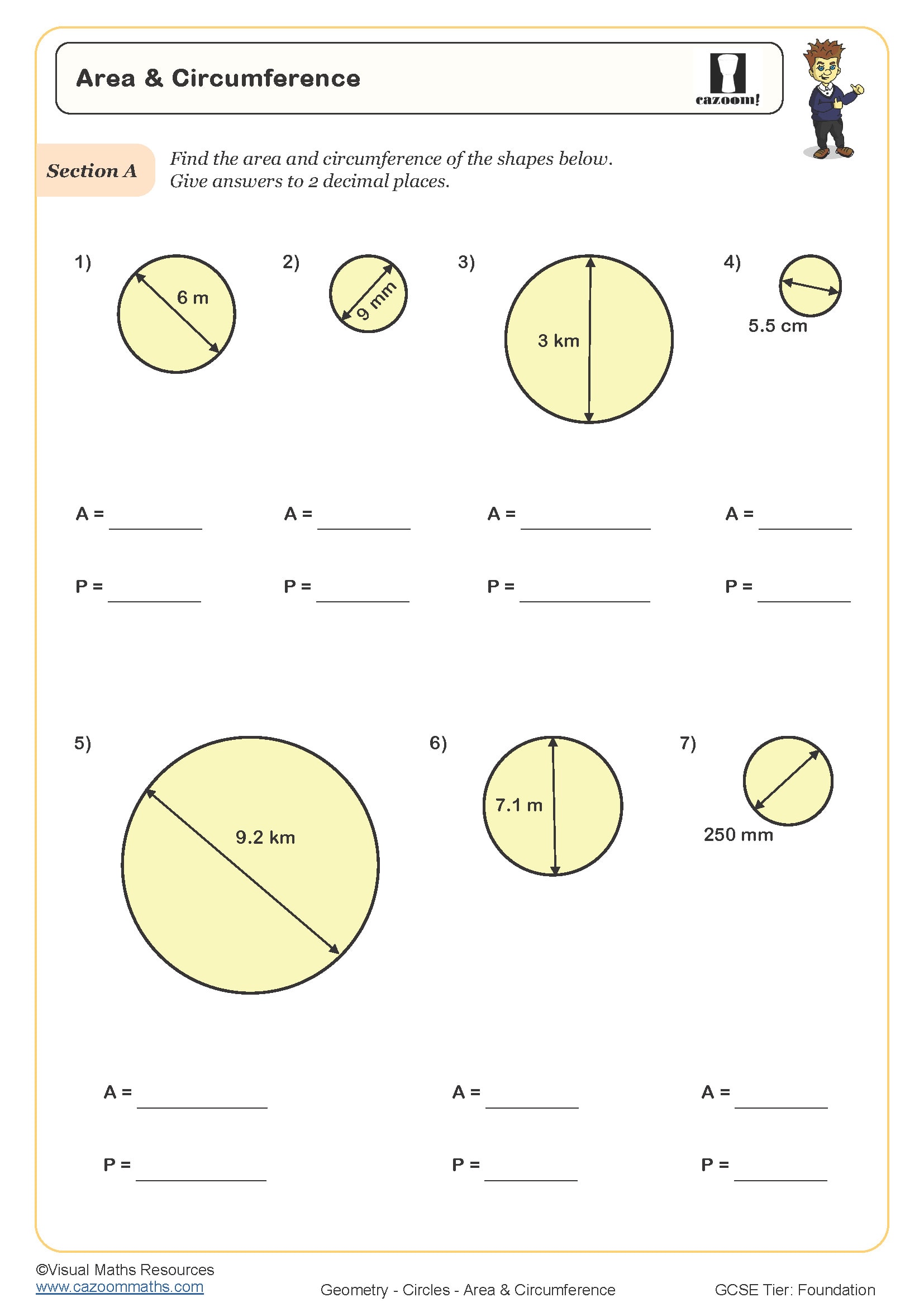 Area and Circumference Worksheet suitable for students in KS3