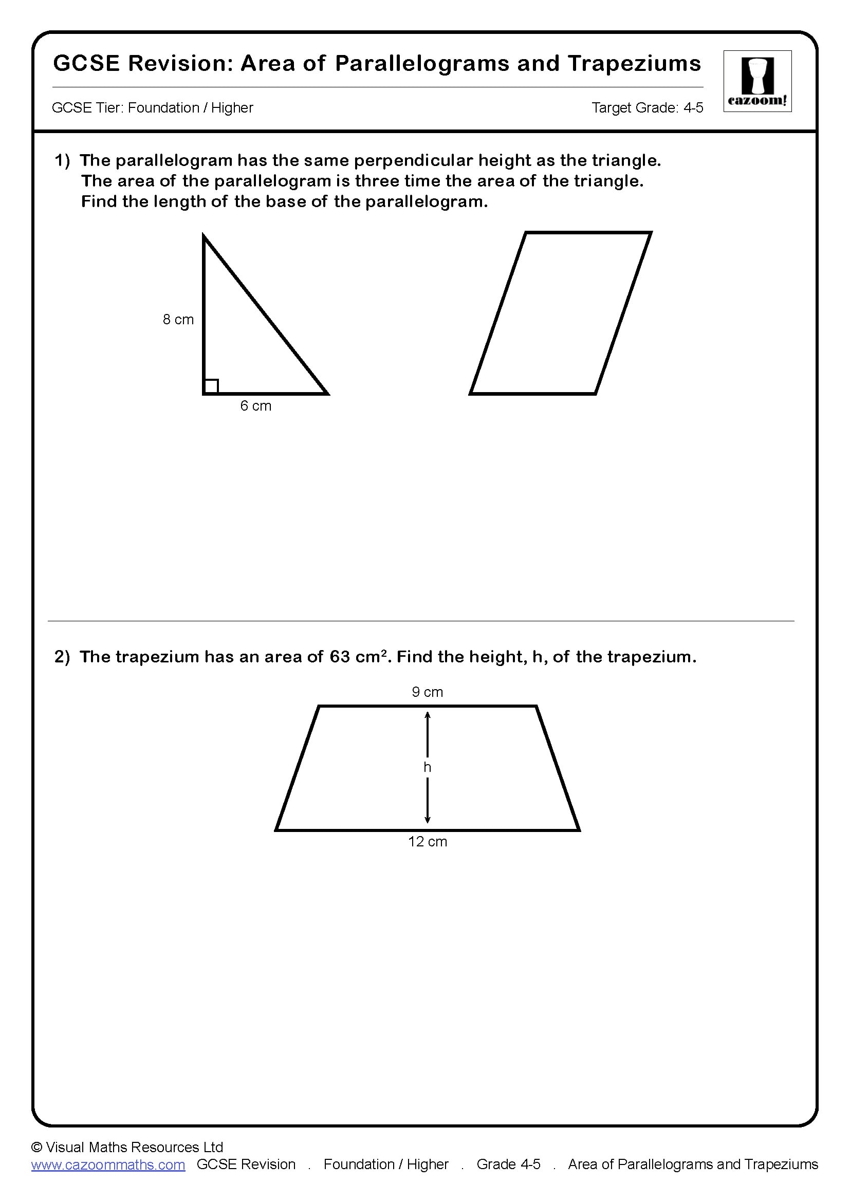 Area of Trapezium and Parallelogram GCSE Maths Revision Questions