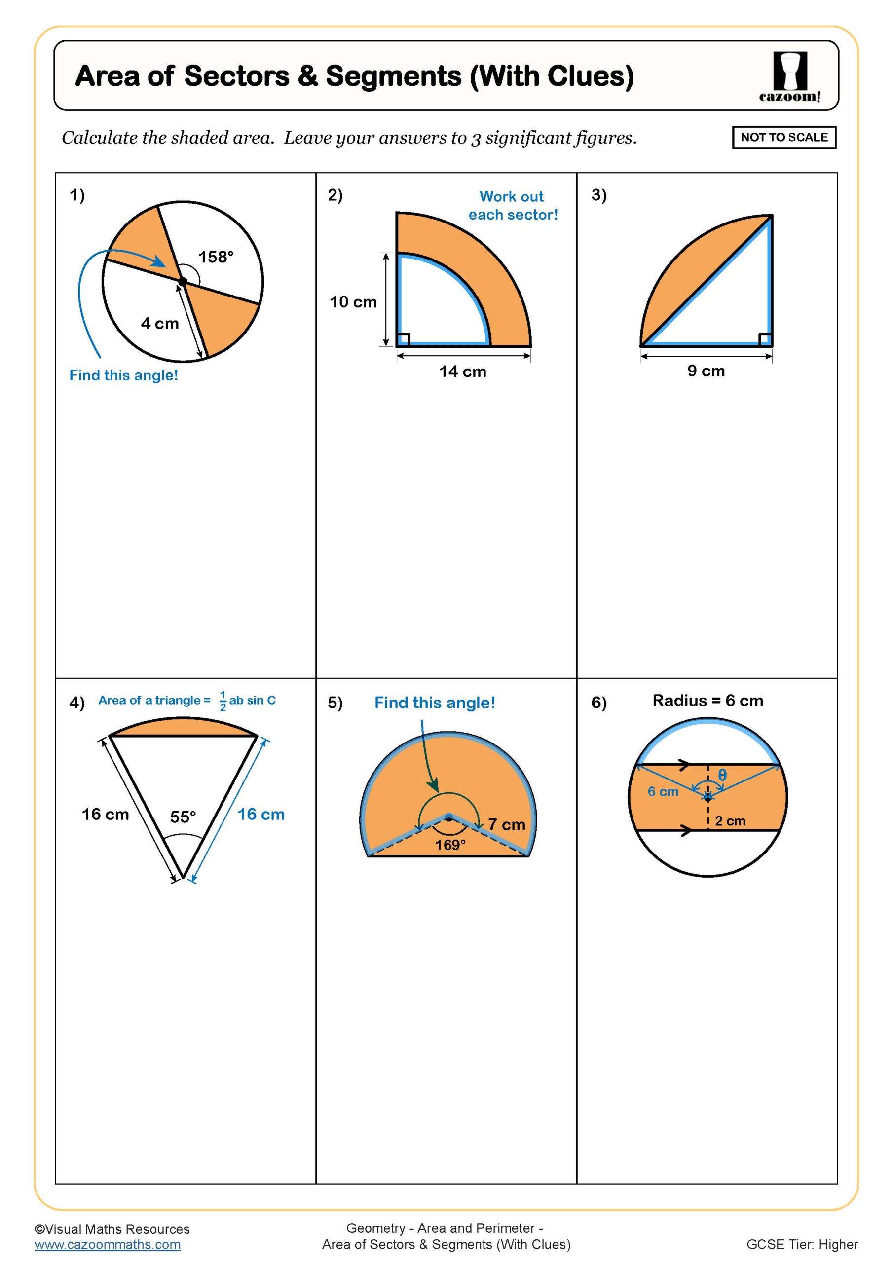 Area Of Sectors Segments With Clues Worksheet Scaled