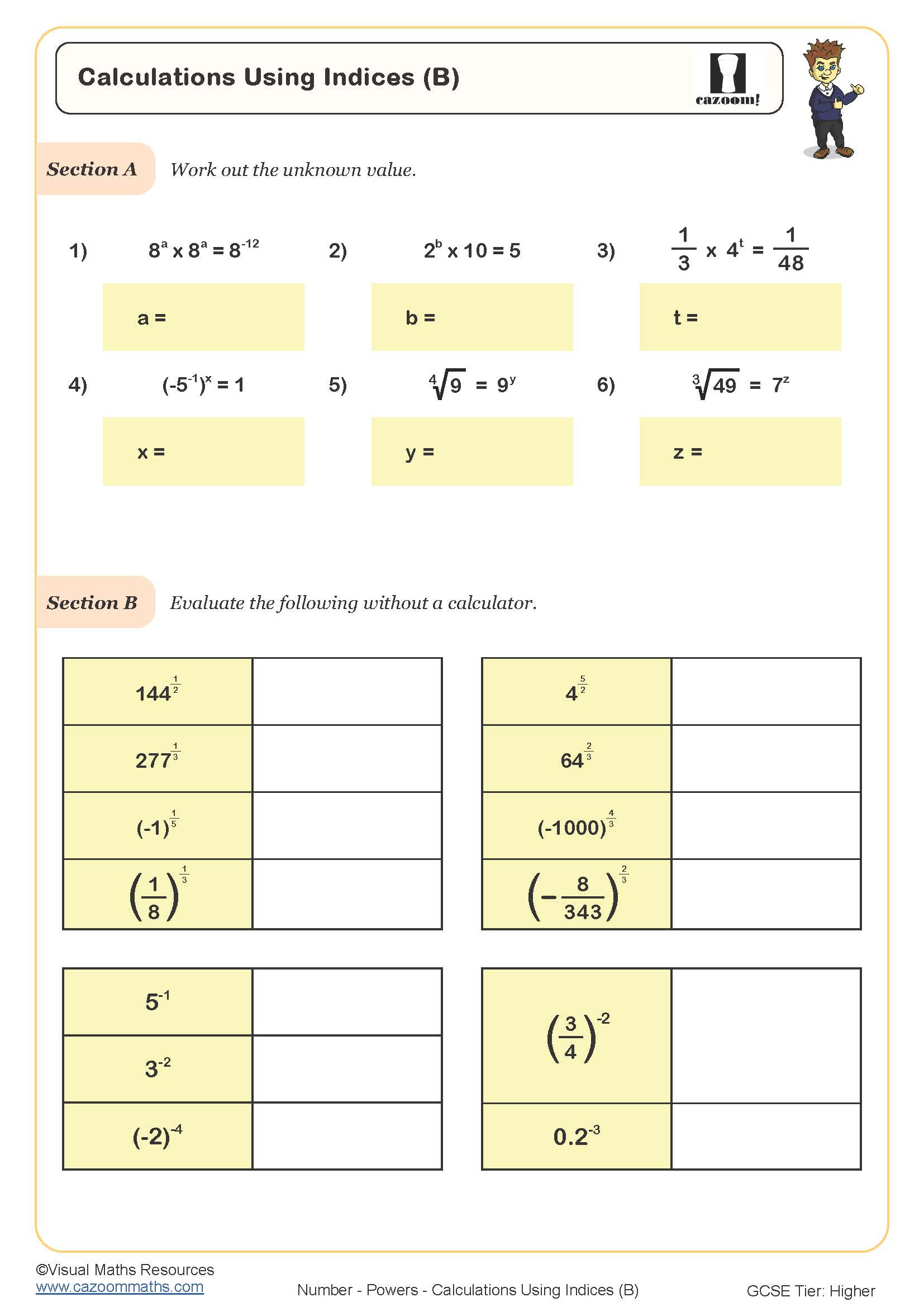 Calculations Using Indices worksheet suitable for students in KS3 and KS4