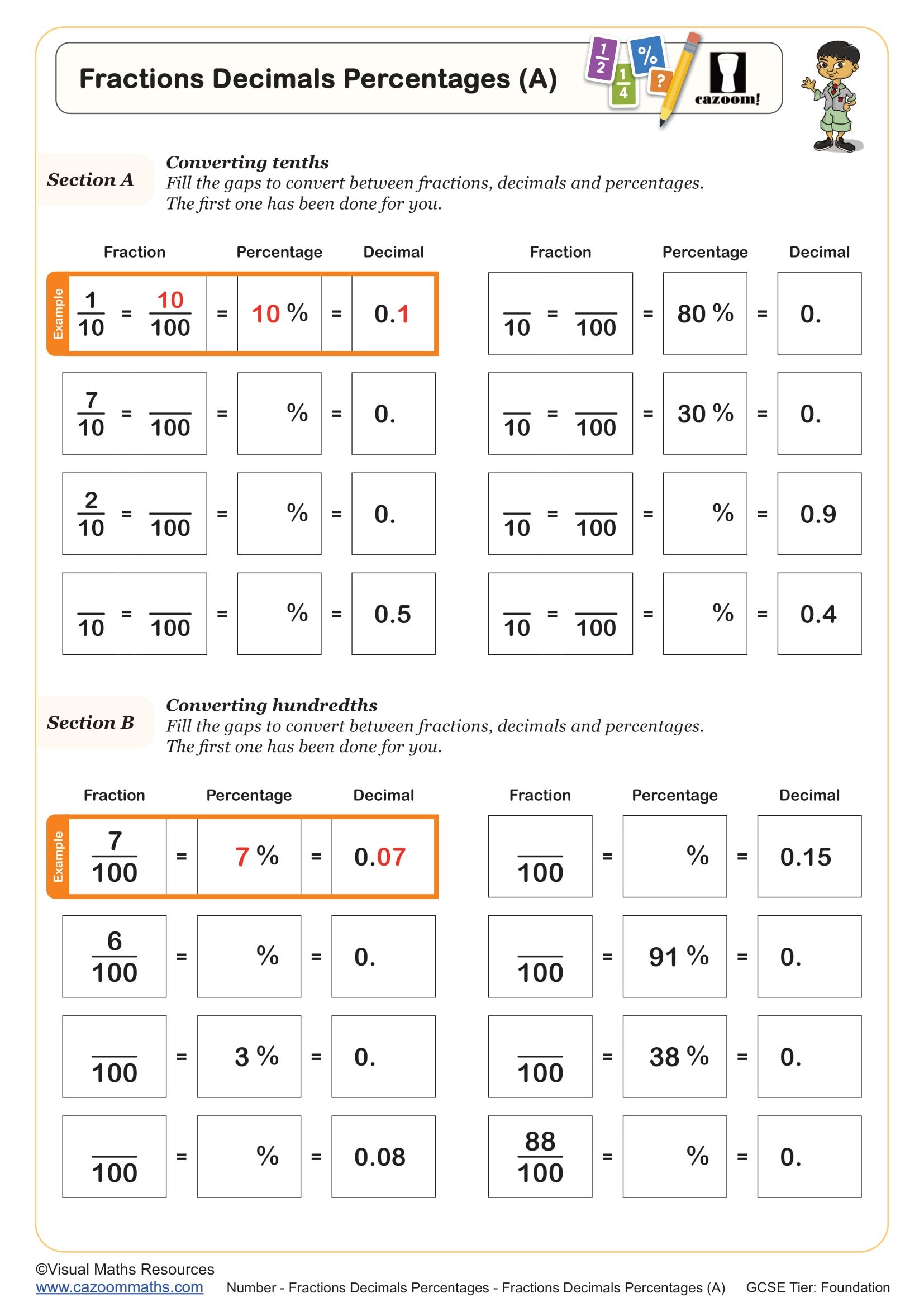 Preview of Fractions Decimals Percentages (A)