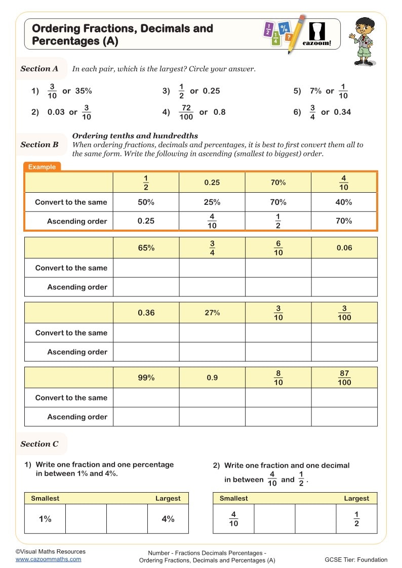 Preview of Ordering Fractions Decimals and Percentages (A)