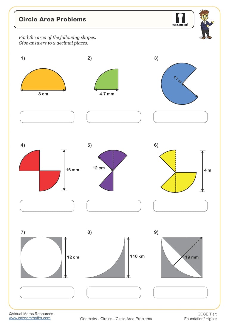 Circle Area Problems Worksheet Printable Maths Worksheets
