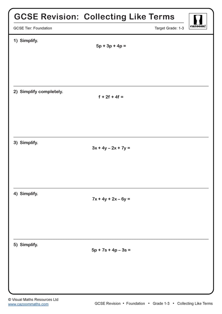 Collecting Like Terms GCSE Questions GCSE Revision Questions