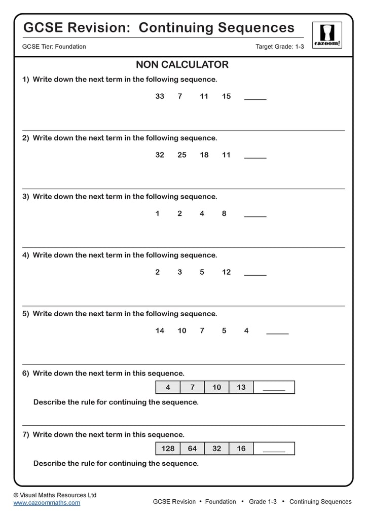 Continuing Sequences GCSE Questions GCSE Revision Questions