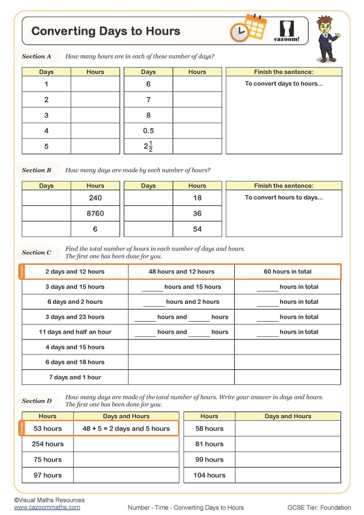 Converting Between Minutes and Hours (B) Worksheet Cazoom Maths