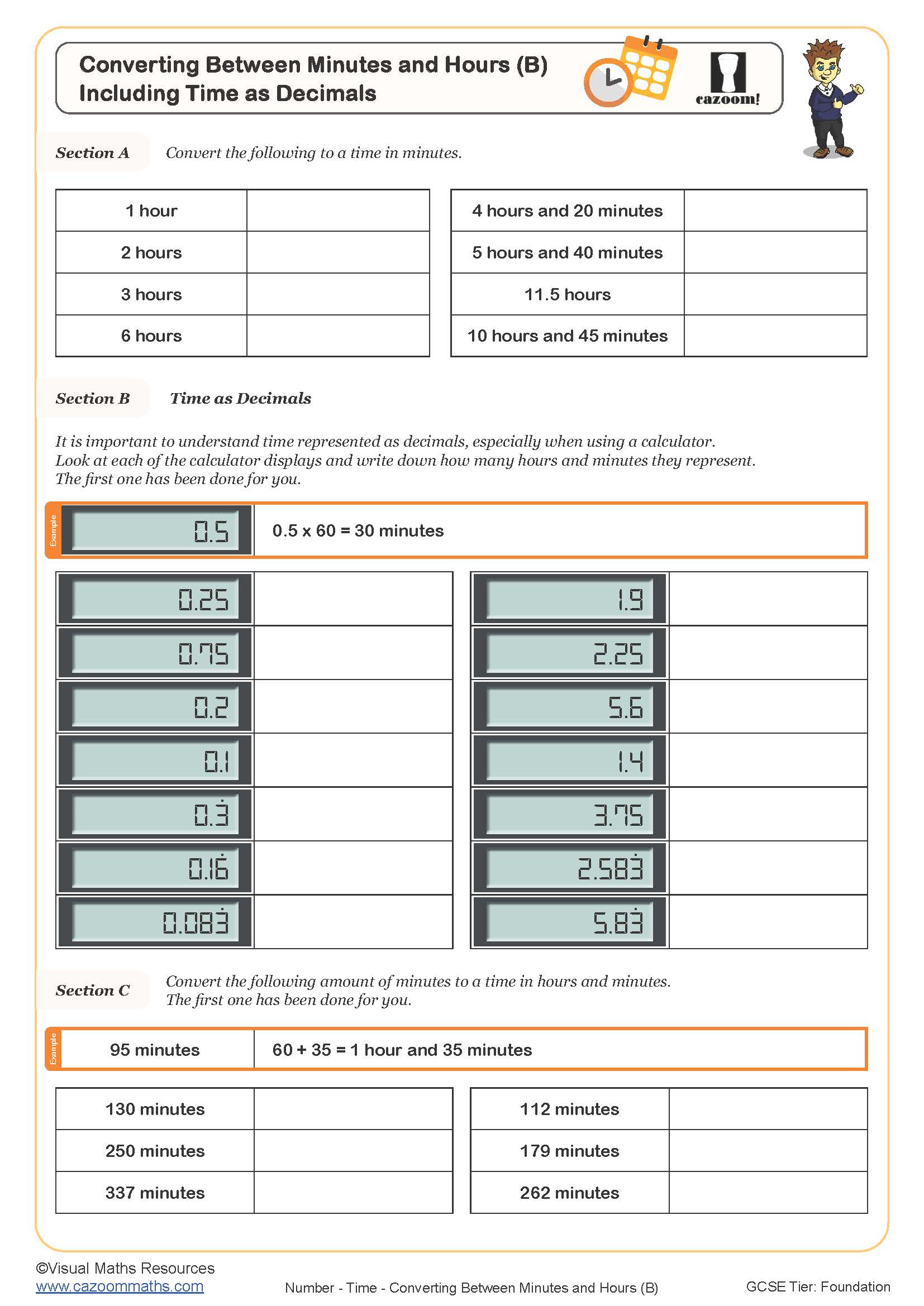 Converting Between Minutes And Hours B Worksheet