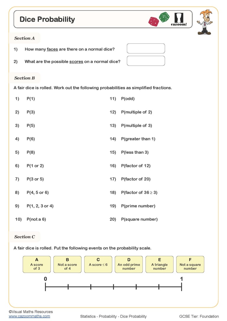 Dice Probability Worksheet Cazoom Maths Worksheets