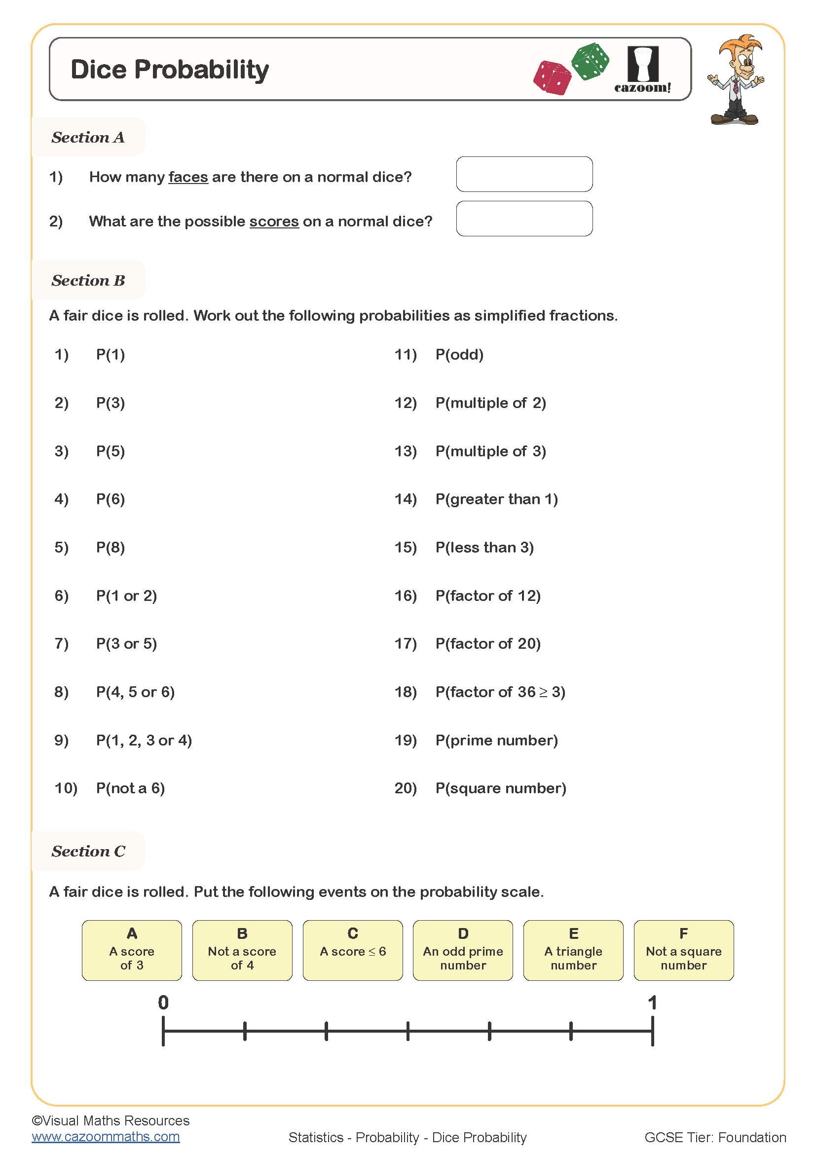 Dice Probability Worksheet Cazoom Maths Worksheets