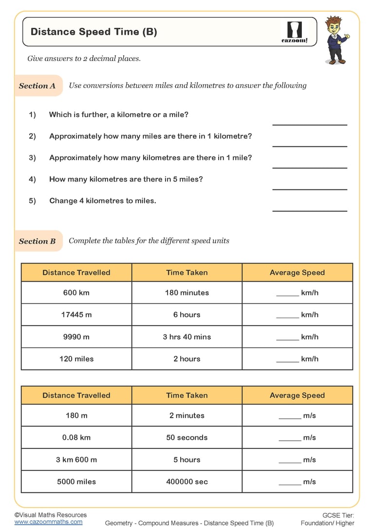Distance Speed Time (B) Worksheet | Cazoom Maths Worksheets