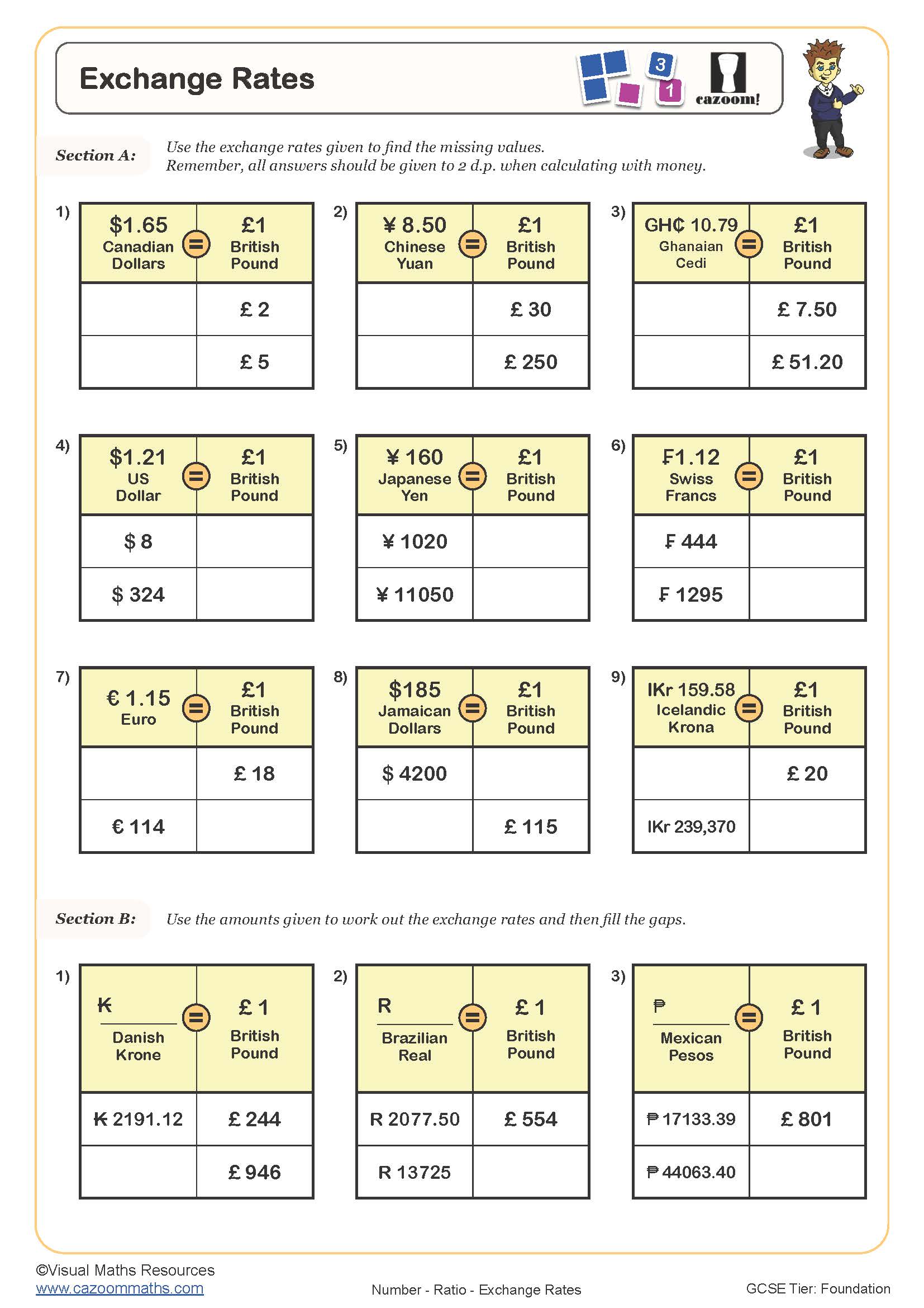 Exchange Rates worksheet suitable for students in KS3