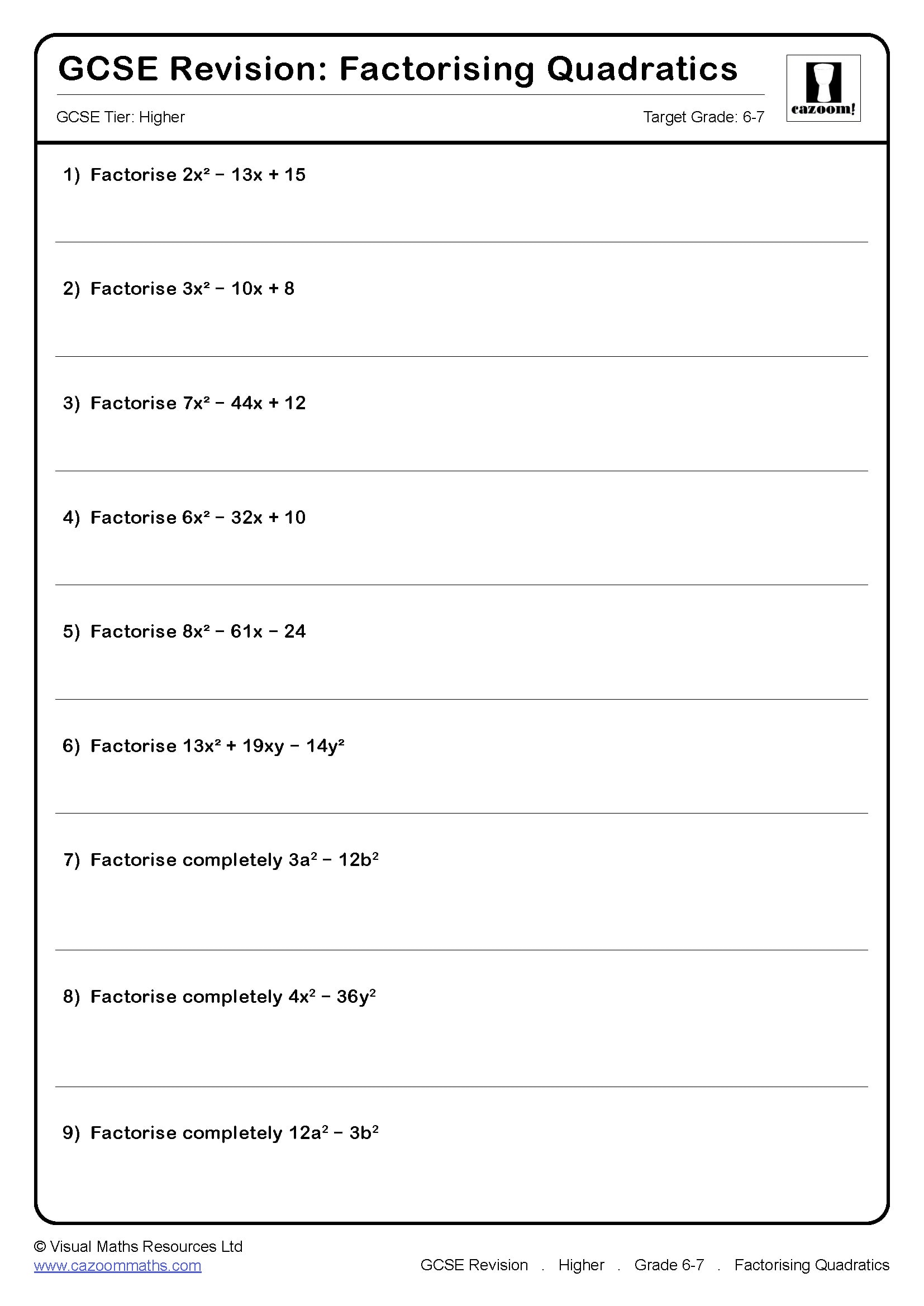 Preview of Factorising Quadratics (B)