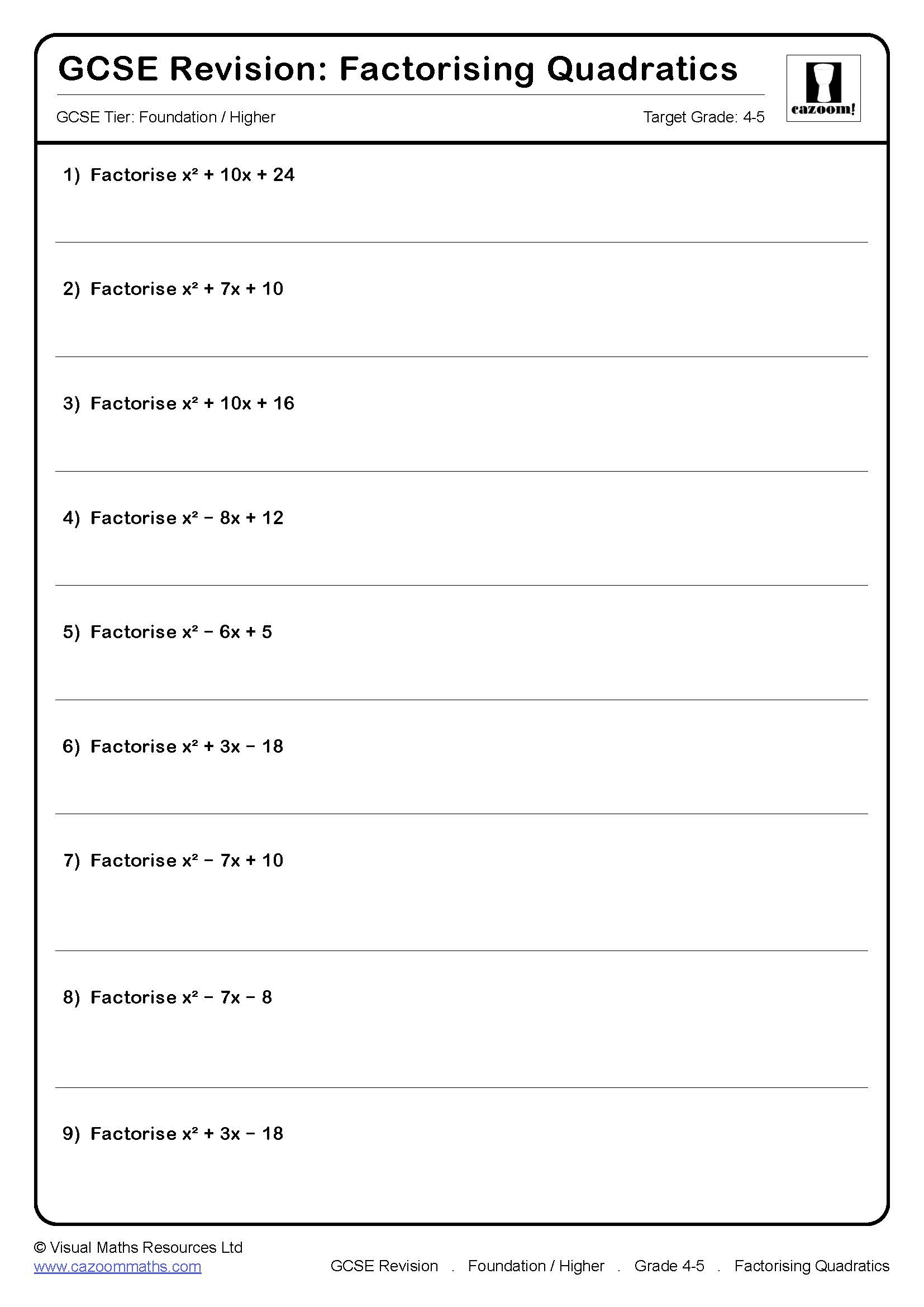 Preview of Factorising Quadratics
