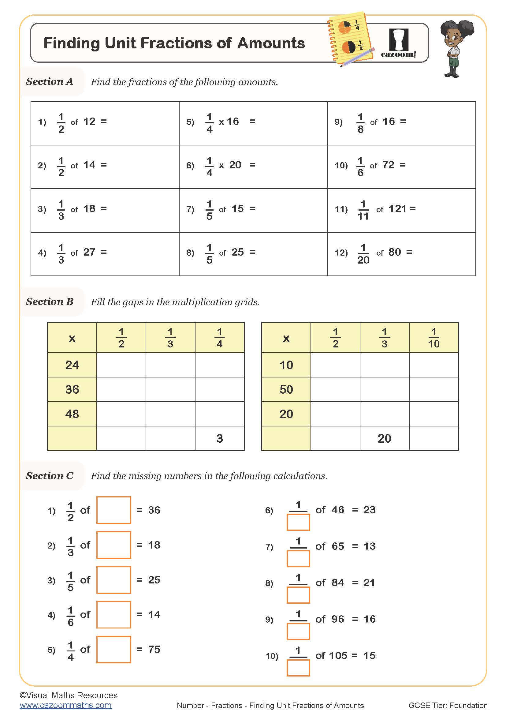 Finding Unit Fractions Of Amounts Worksheet