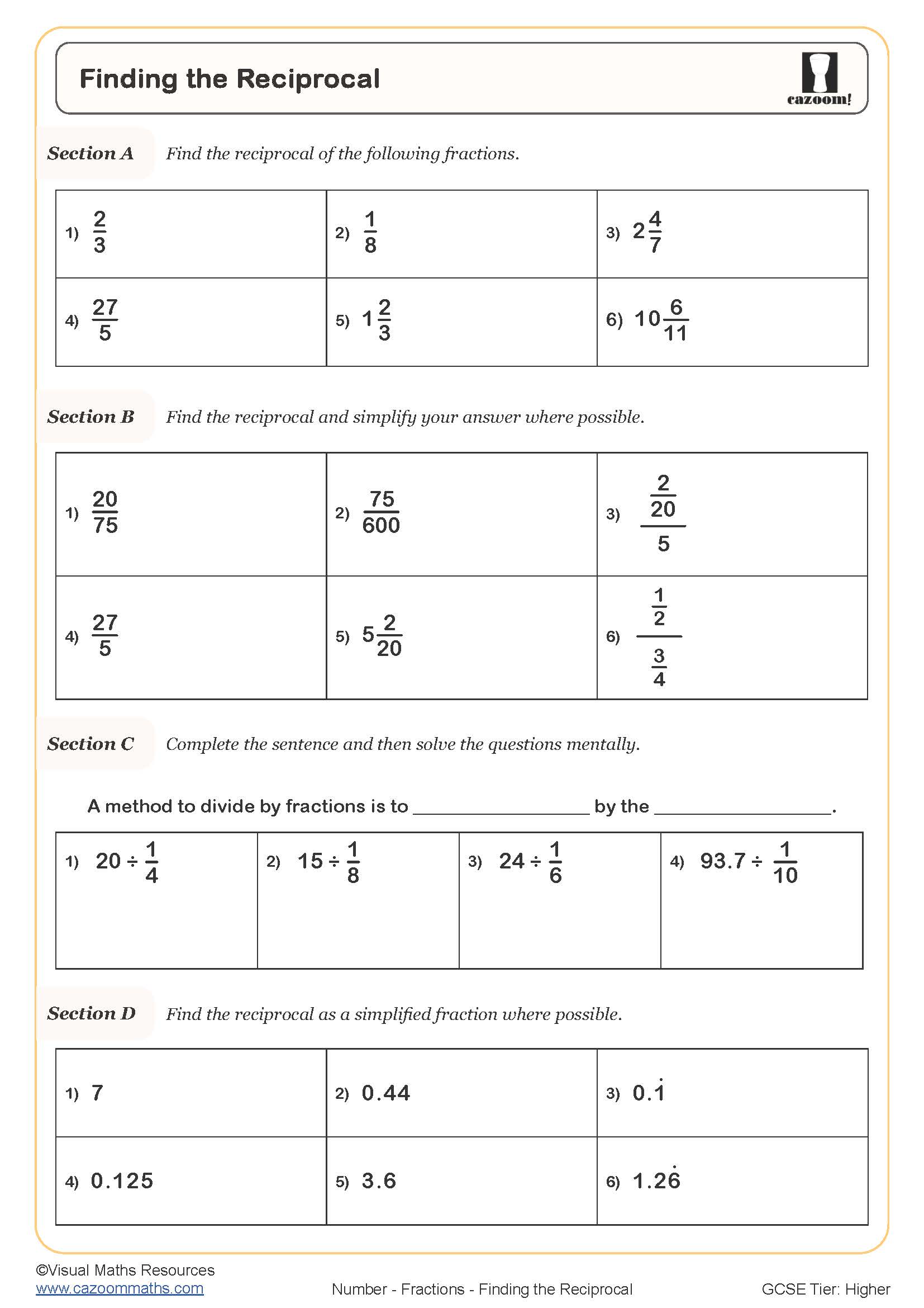 Preview of Finding the Reciprocal