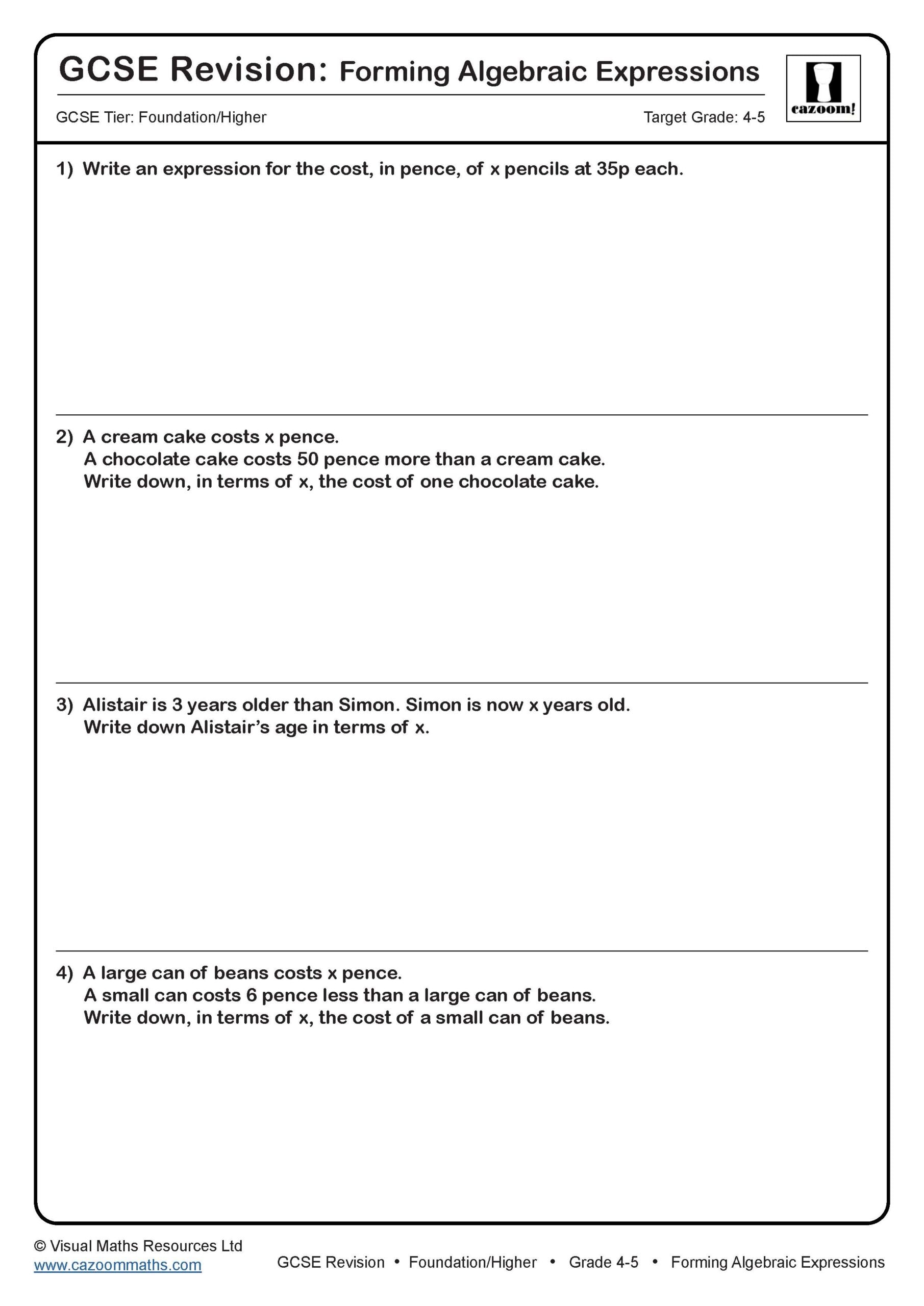 Forming Algebraic Expressions GCSE Maths Revision Scaled