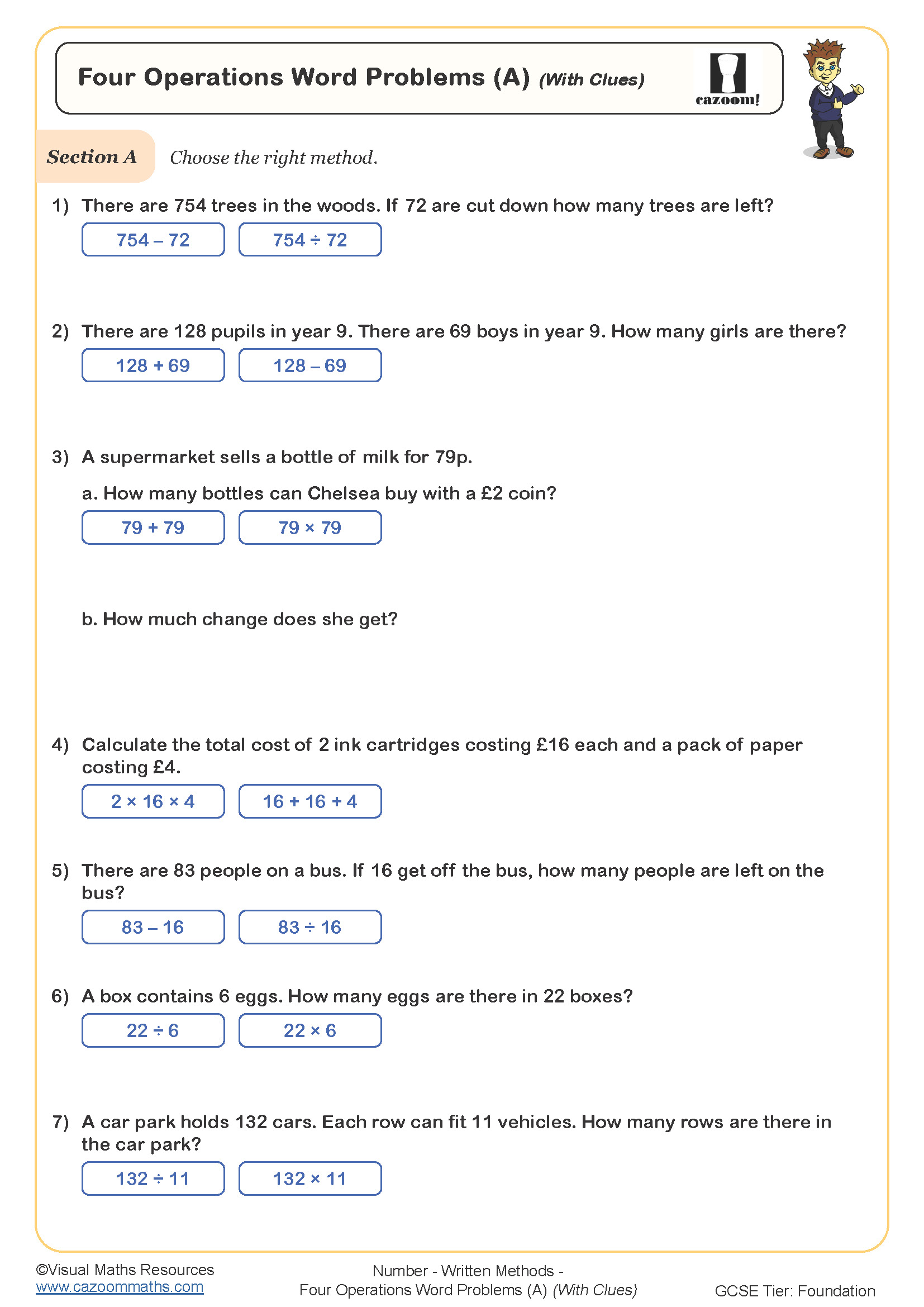 Preview of Four Operations Word Problems (A) (With Clues)