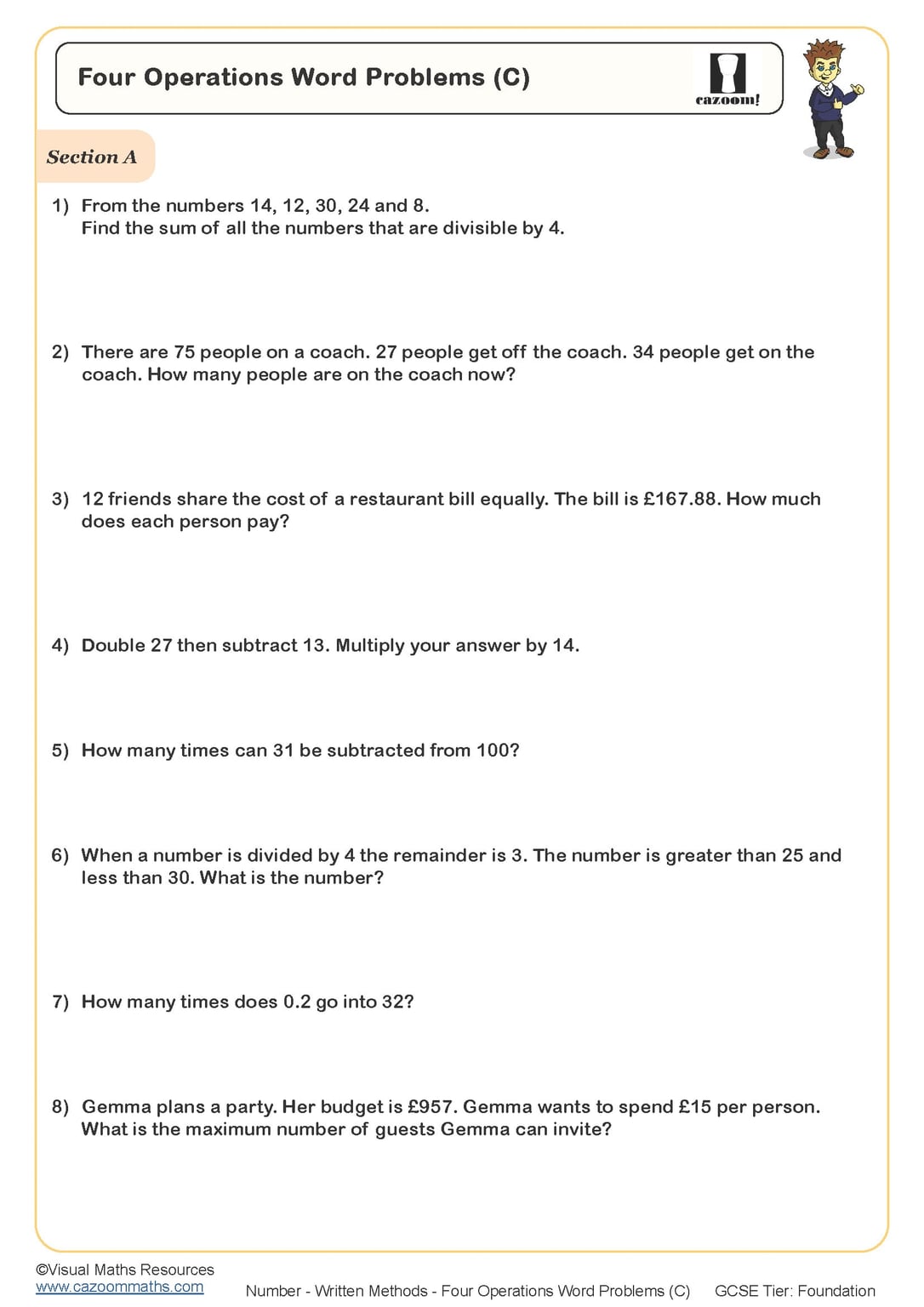 Four Operations Word Problems (A) Worksheet Cazoom Maths Worksheets
