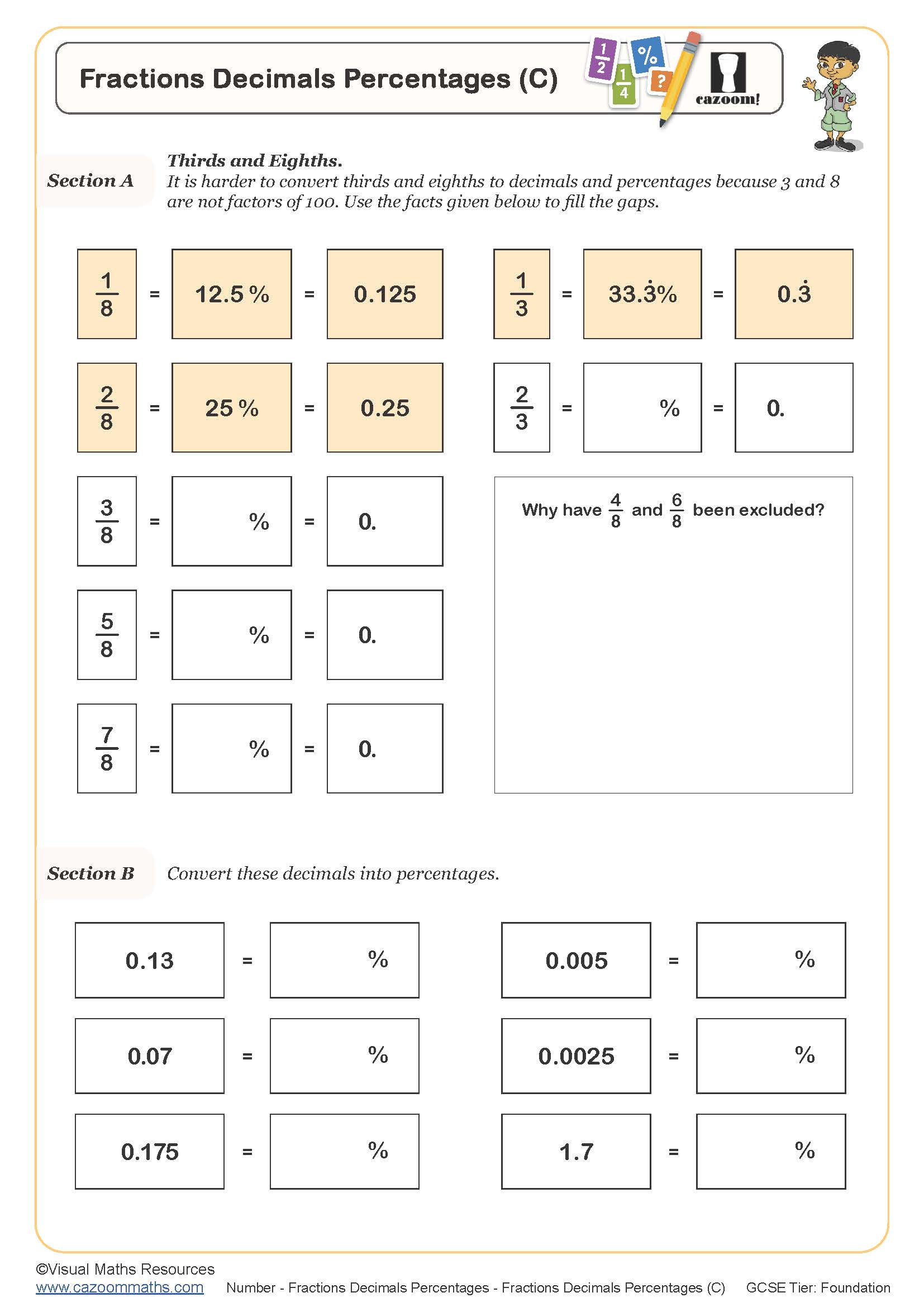Preview of Fractions Decimals Percentages (C)