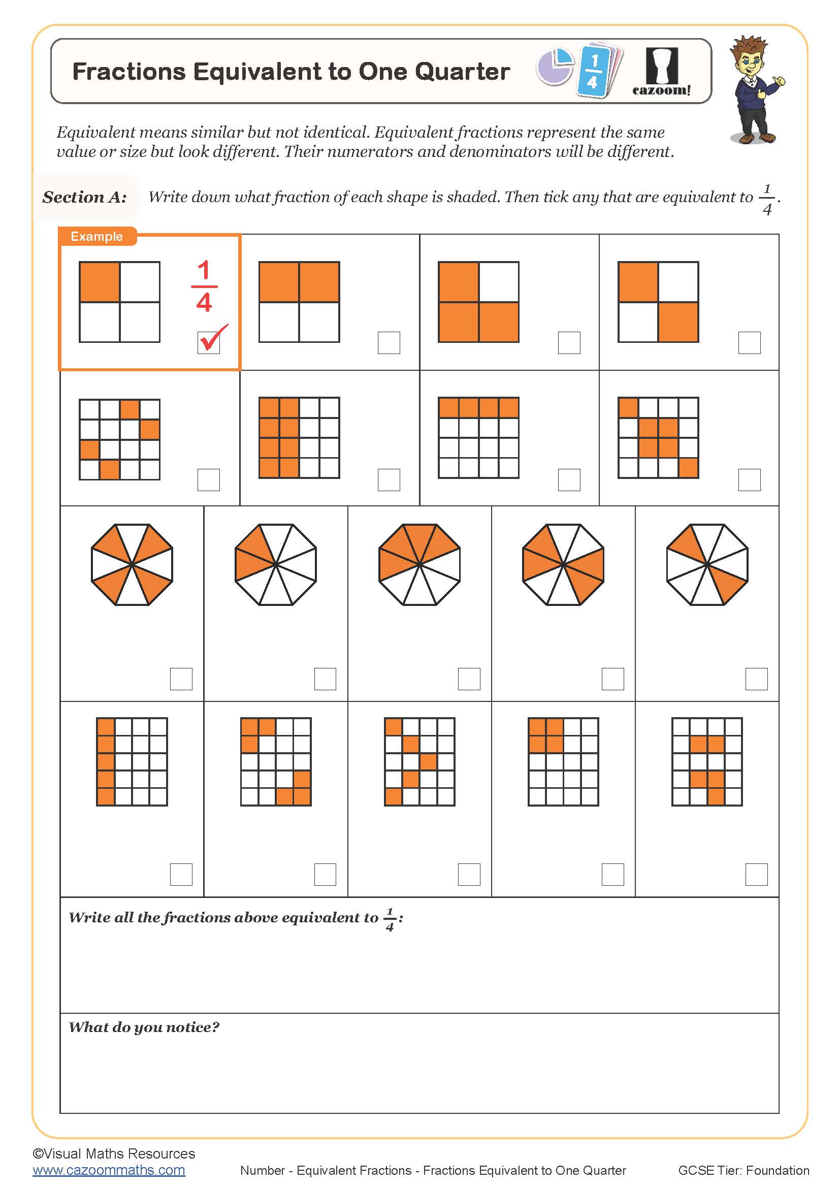 Preview of Fractions Equivalent to One Quarter