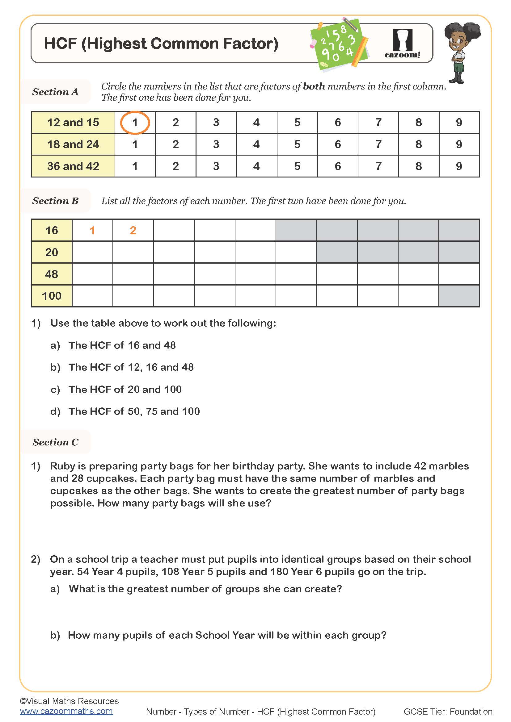 Highest Common Factor Worksheet