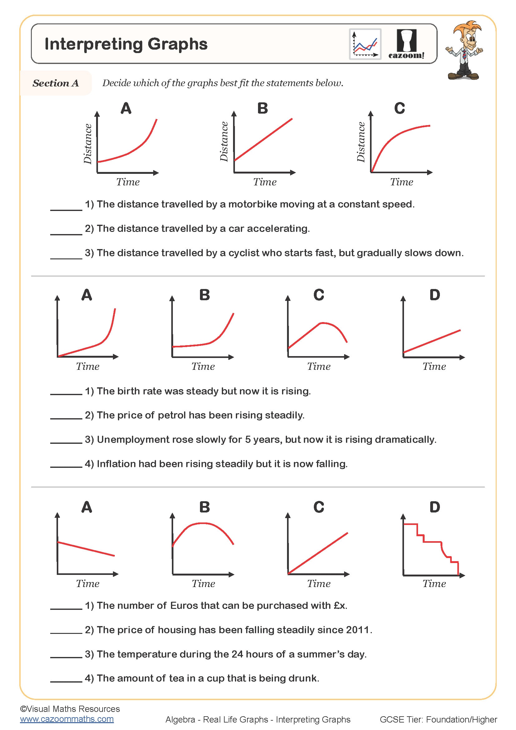 Interpreting Graphs Worksheet suitable for students in KS3