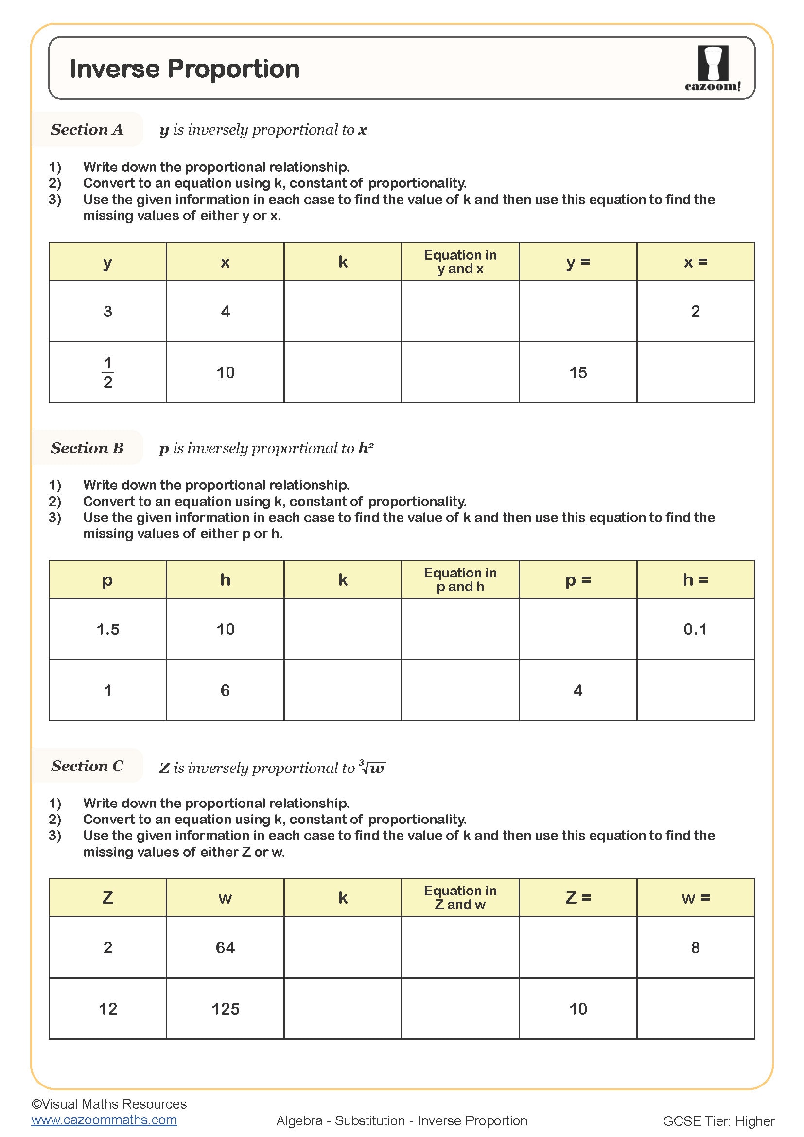 Inverse Proportion Worksheet Printable Maths Worksheets