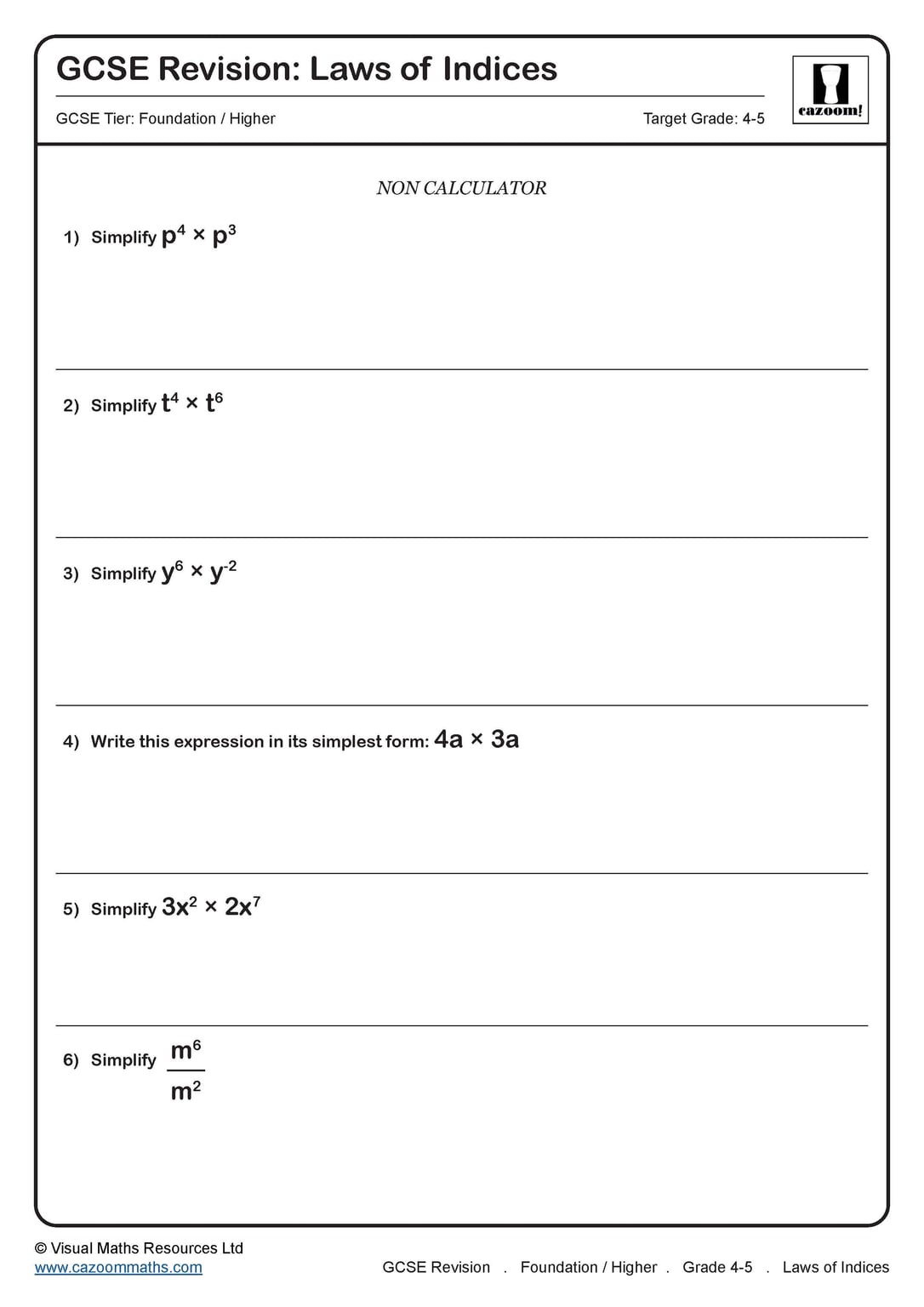 Laws of Indices Cazoom Maths Worksheets