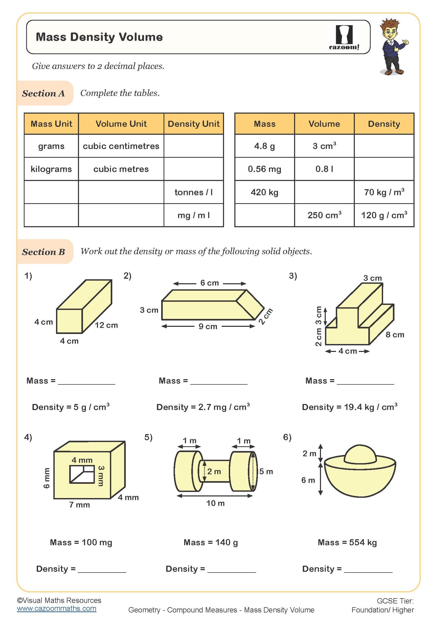 Mass Density Volume Worksheet suitable for students in KS3 and KS4