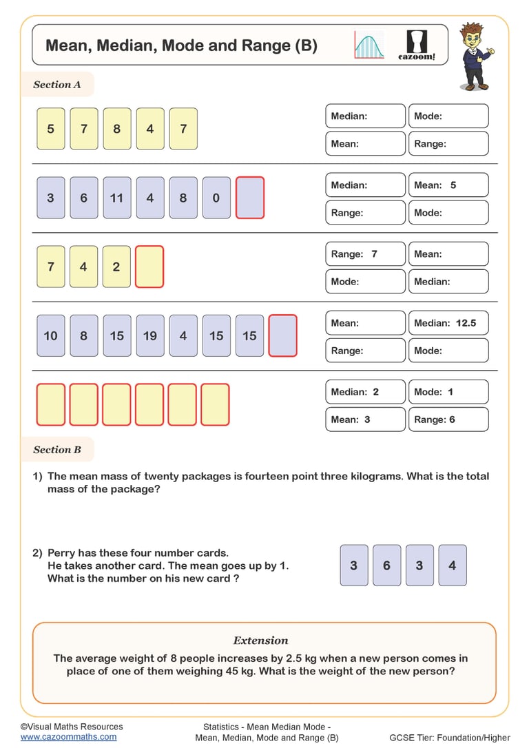 Mean, Median, Mode and Range (A) Worksheet | Printable Maths Worksheets